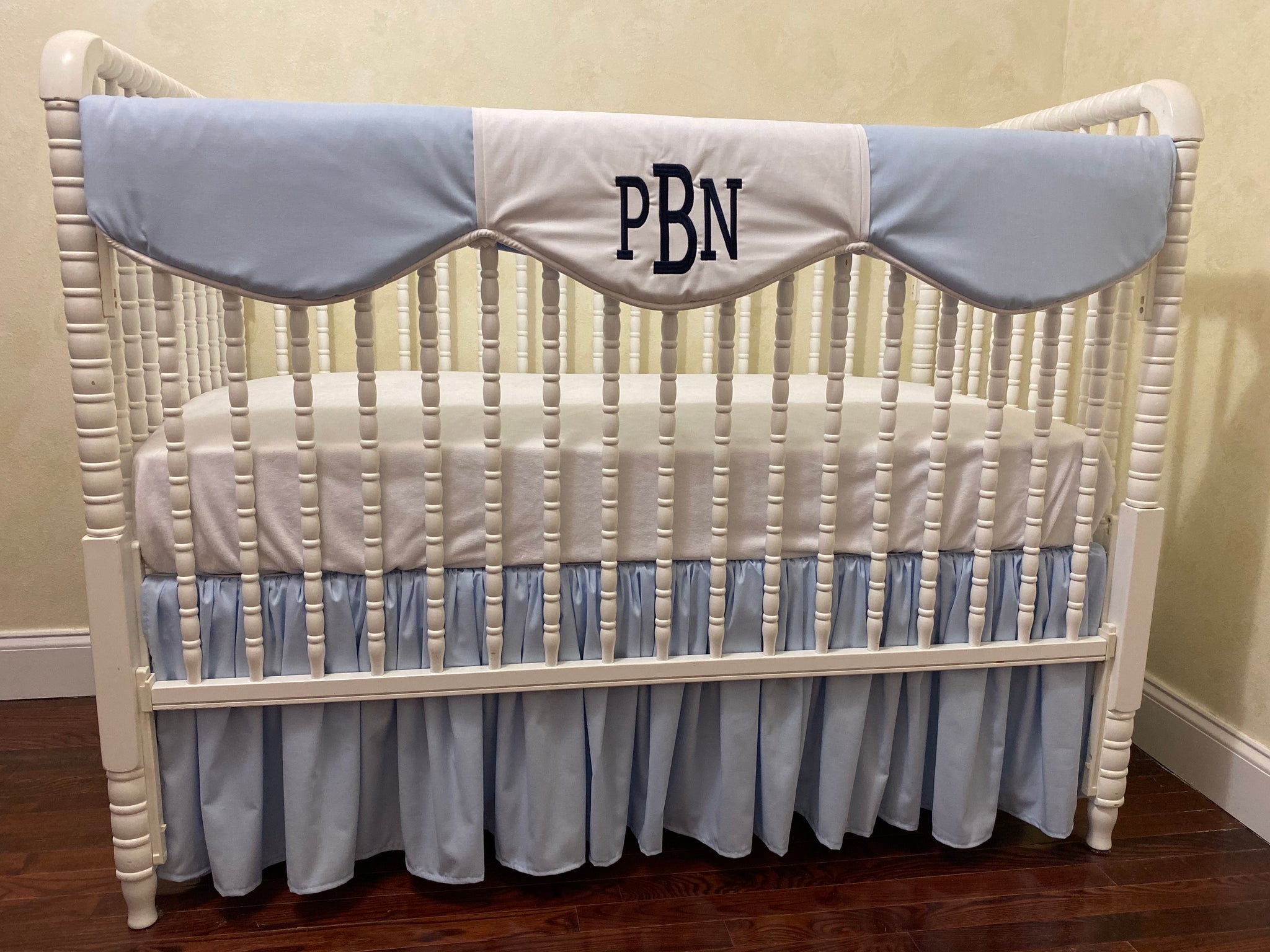 Light Blue and White with Navy Baby Boy Crib Bedding, Crib Rail Cover
