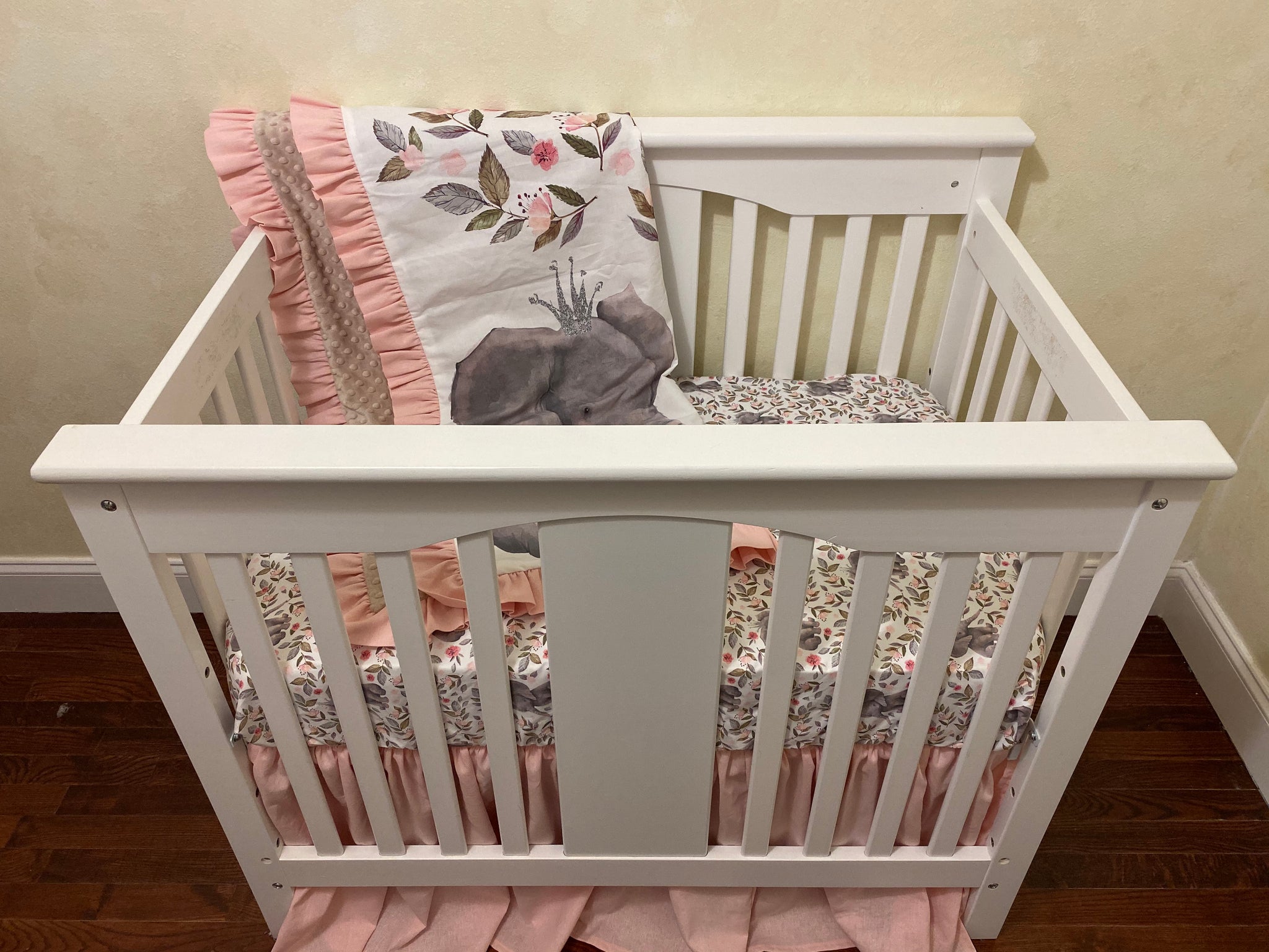 Baby Girl Blush Pink Linen with Floral Baby Elephant Mini Crib Bedding - Girl Mini Crib Baby Bedding