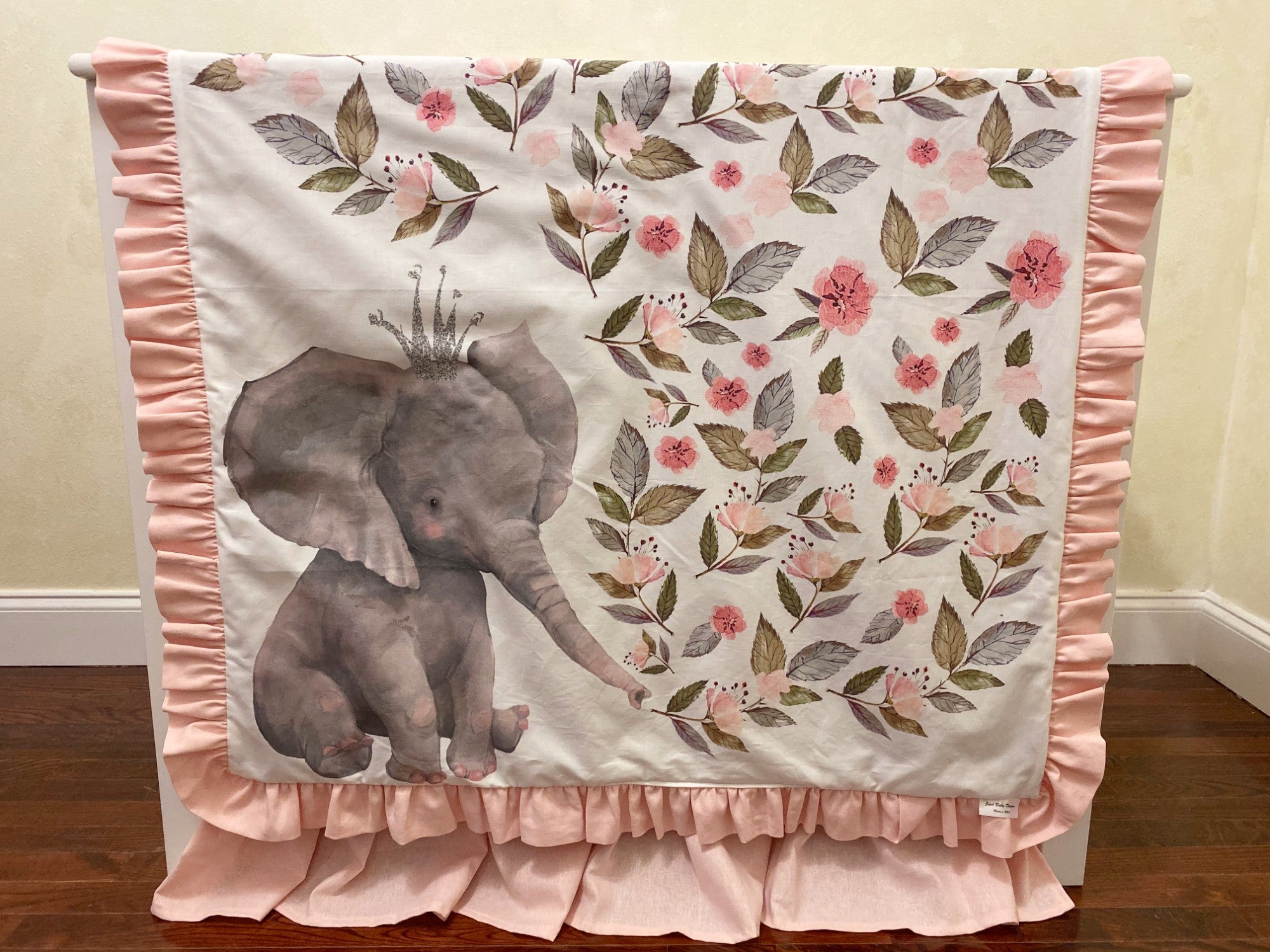 Baby Girl Blush Pink Linen with Floral Baby Elephant Mini Crib Bedding - Girl Mini Crib Baby Bedding