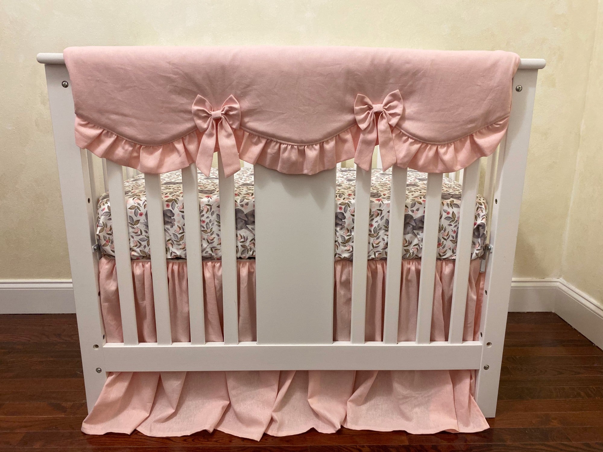 Baby Girl Blush Pink Linen with Floral Baby Elephant Mini Crib Bedding - Girl Mini Crib Baby Bedding