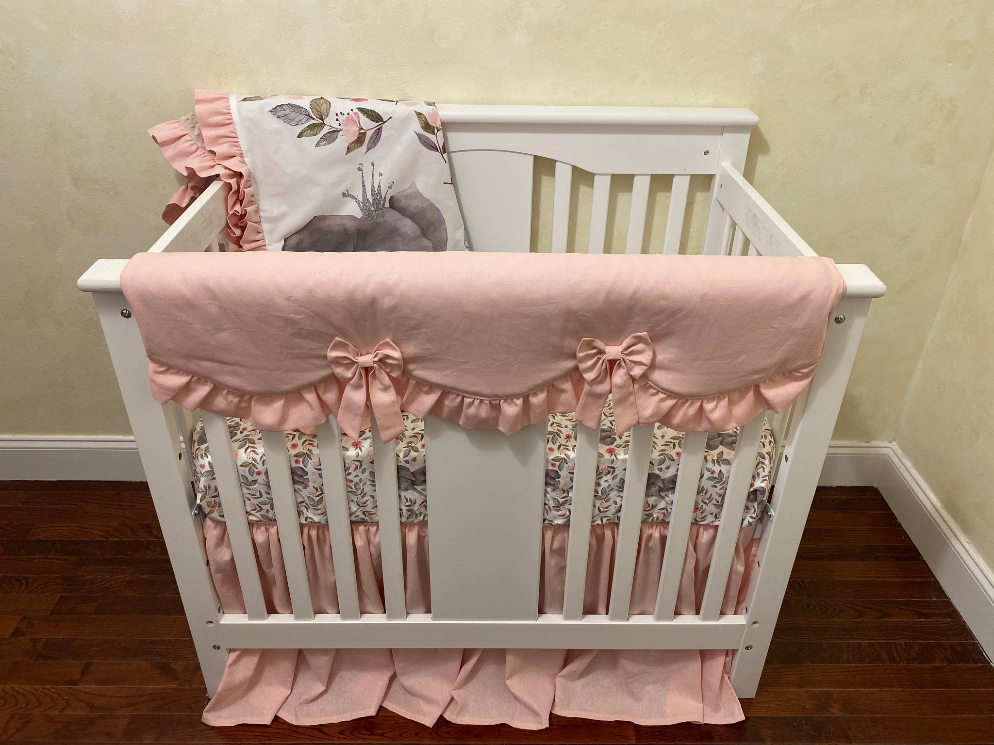 Baby Girl Blush Pink Linen with Floral Baby Elephant Mini Crib Bedding - Girl Mini Crib Baby Bedding
