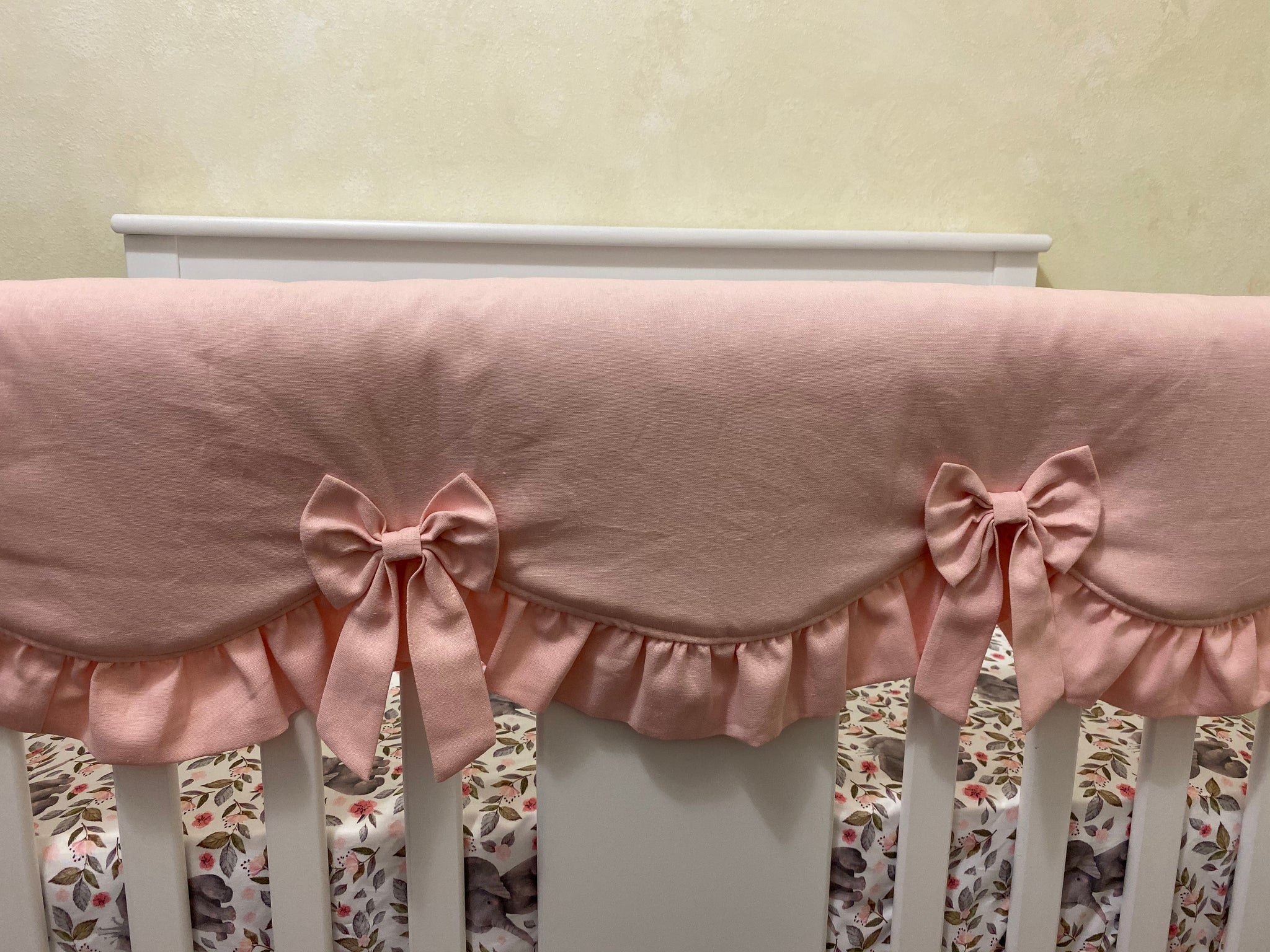 Baby Girl Blush Pink Linen with Floral Baby Elephant Mini Crib Bedding - Girl Mini Crib Baby Bedding