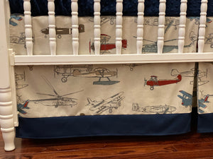 Airplane Crib Bedding Set - Boy Baby Bedding, Vintage Airplanes with Navy Crib Bedding