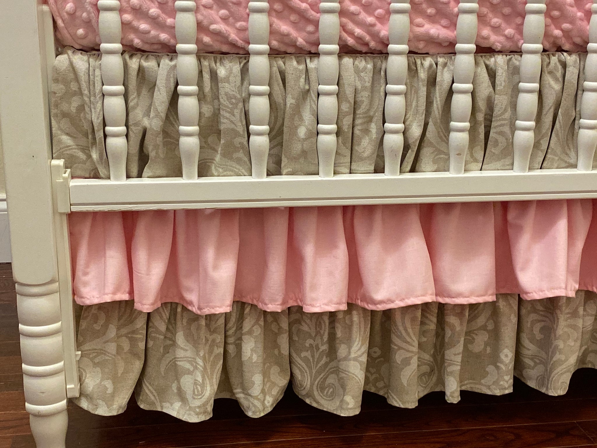 Khaki Linen Damask with Pink Girl Baby Bedding, Girl Crib Bedding, Crib Rail Cover with Ruffled Skirt