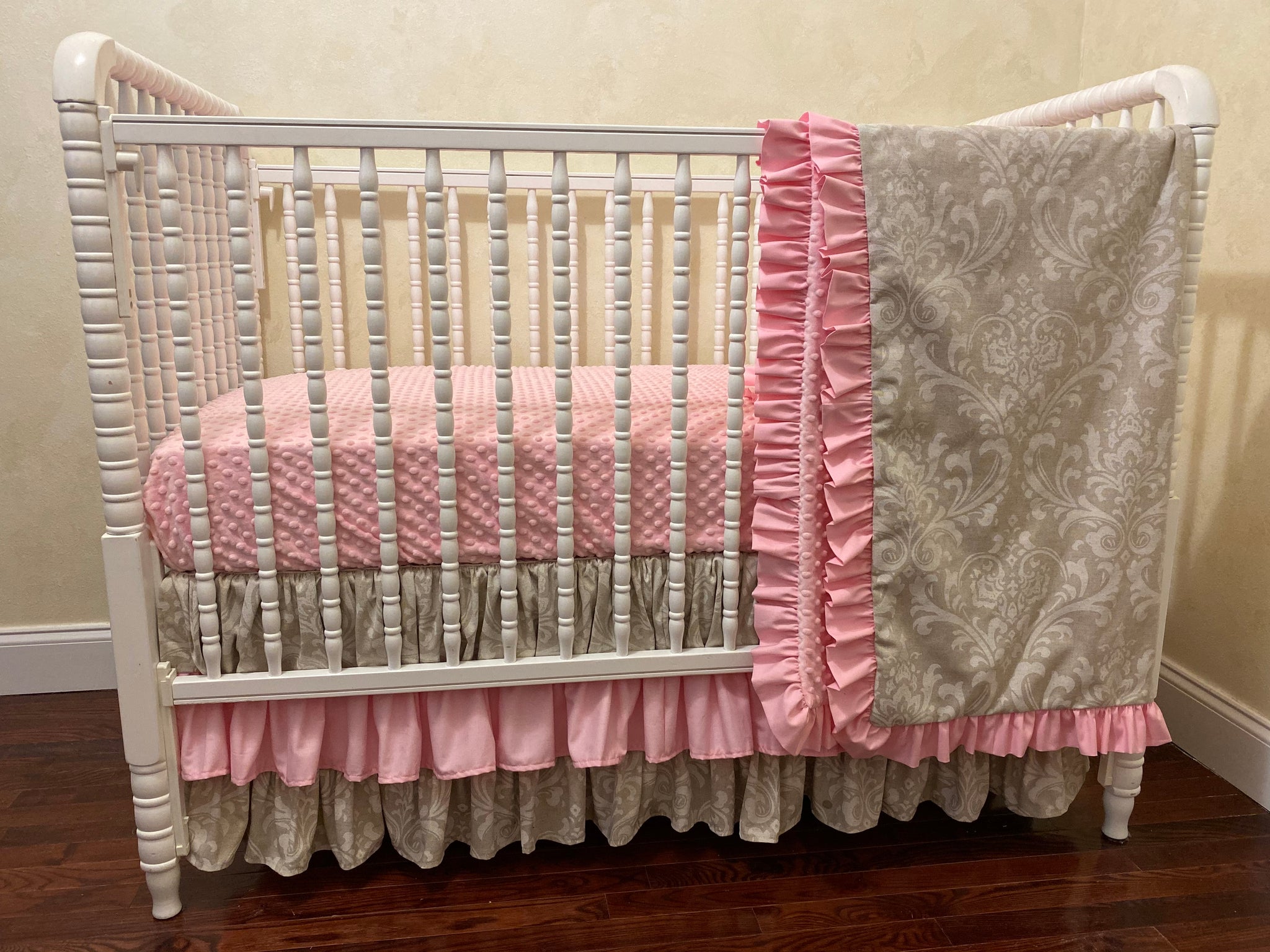 Khaki Linen Damask with Pink Girl Baby Bedding, Girl Crib Bedding, Crib Rail Cover with Ruffled Skirt