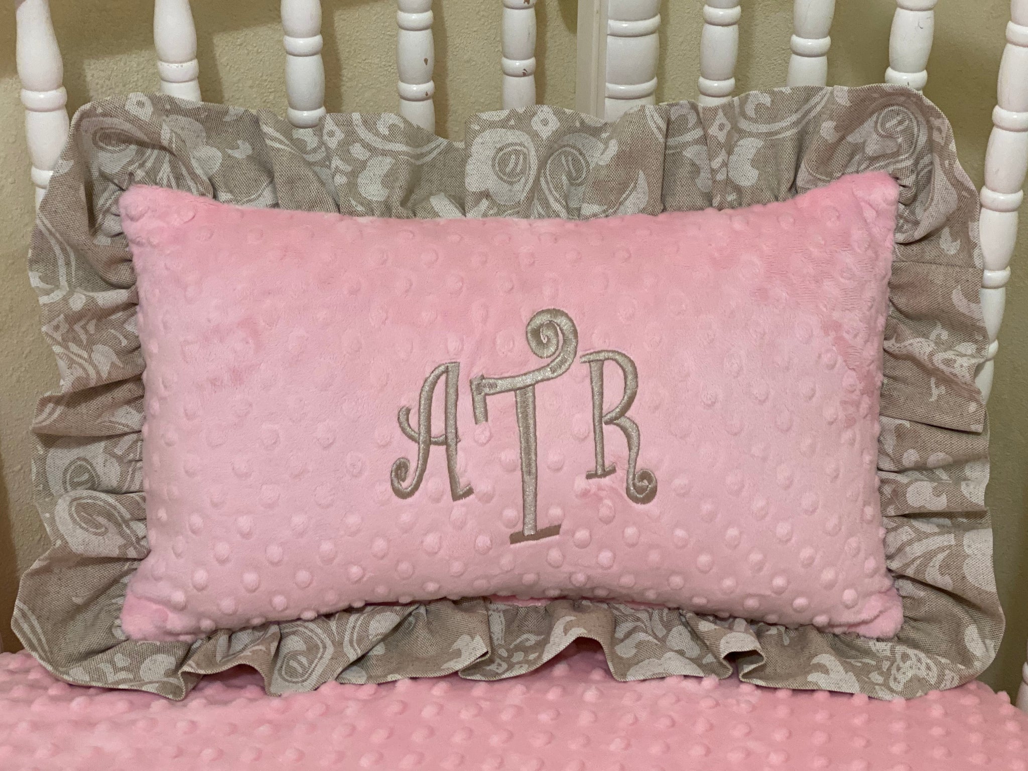 Khaki Linen Damask with Pink Girl Baby Bedding, Girl Crib Bedding, Crib Rail Cover with Ruffled Skirt