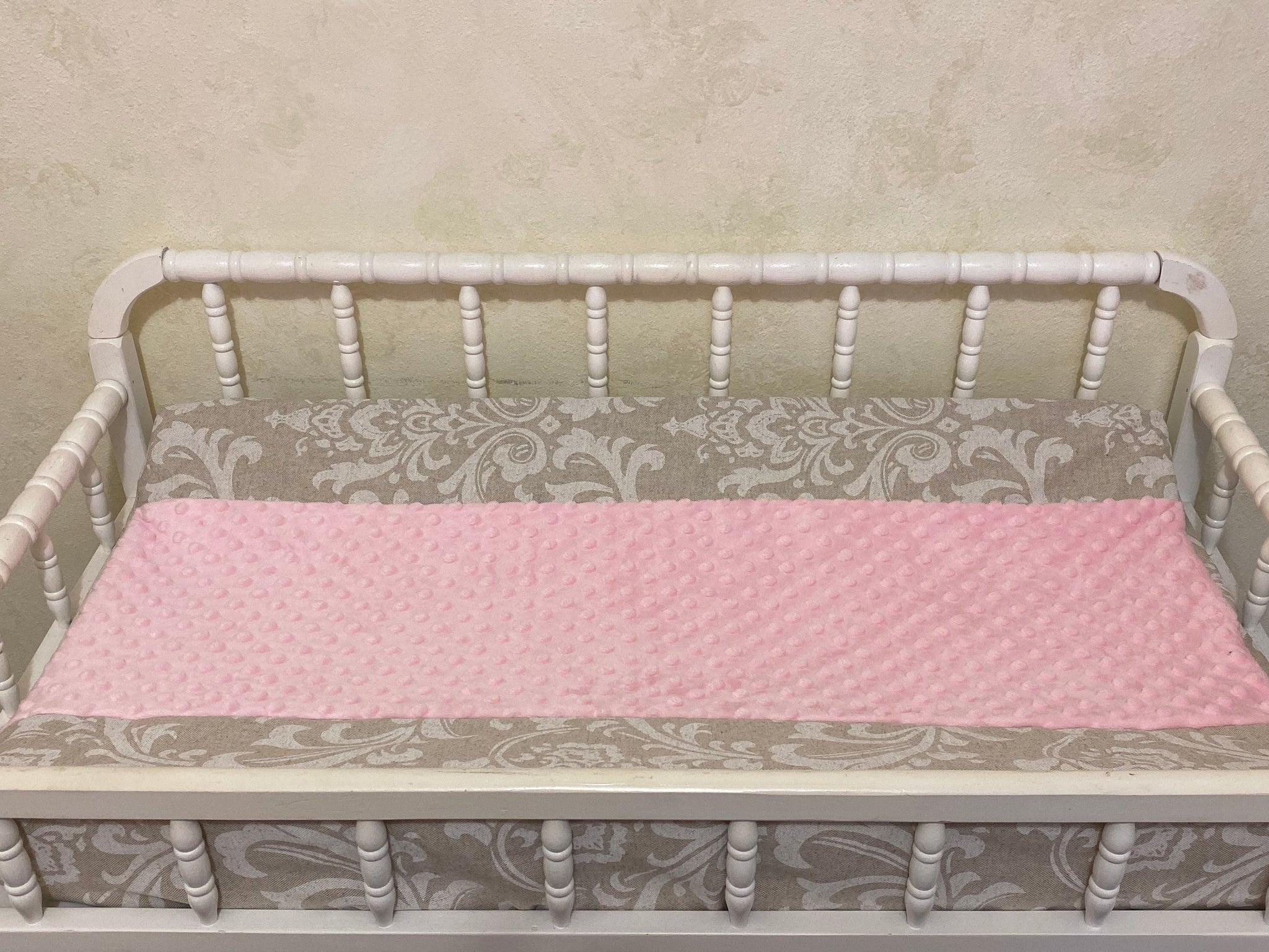 Khaki Linen Damask with Pink Girl Baby Bedding, Girl Crib Bedding, Crib Rail Cover with Ruffled Skirt
