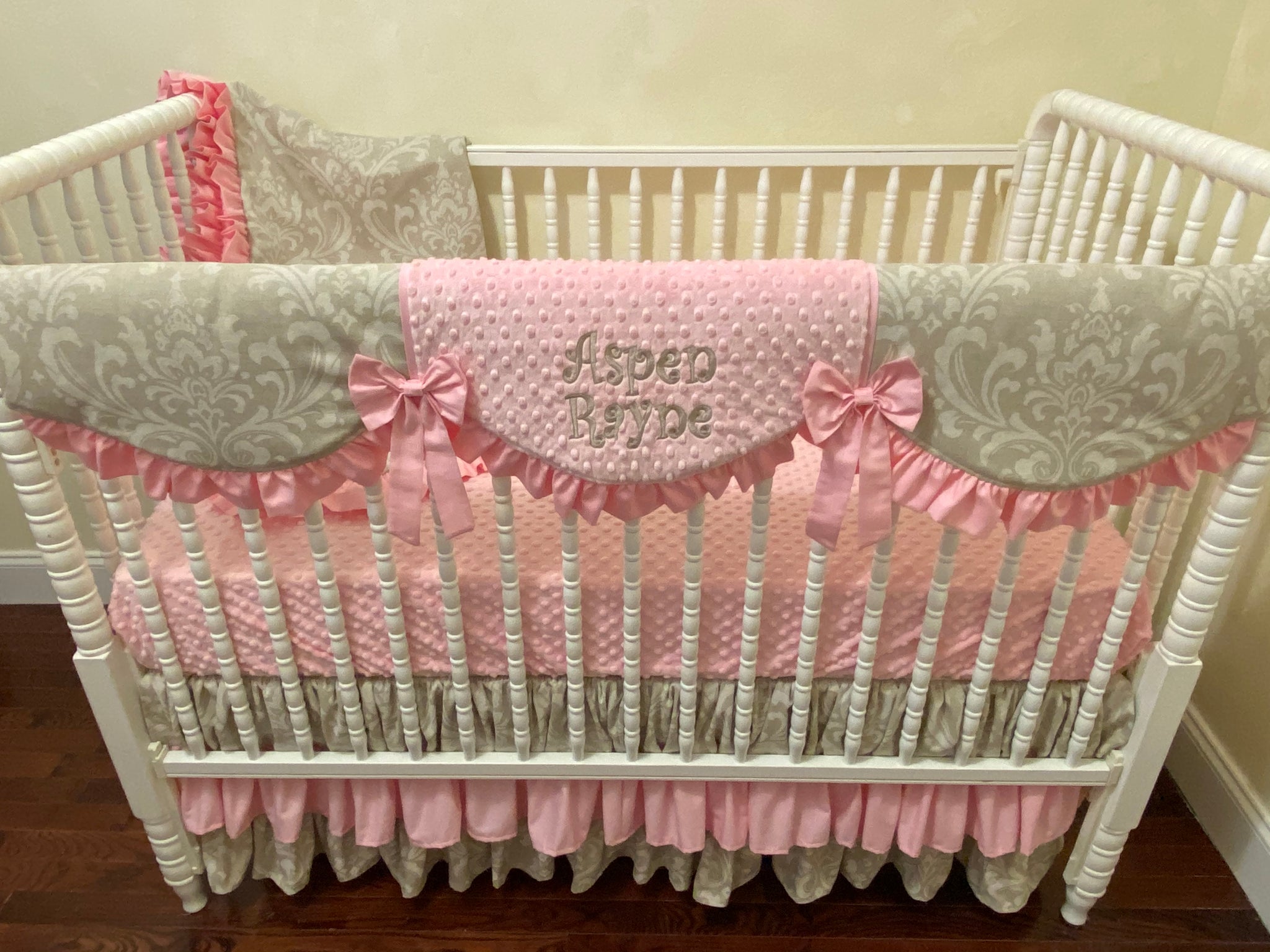 Khaki Linen Damask with Pink Girl Baby Bedding, Girl Crib Bedding, Crib Rail Cover with Ruffled Skirt