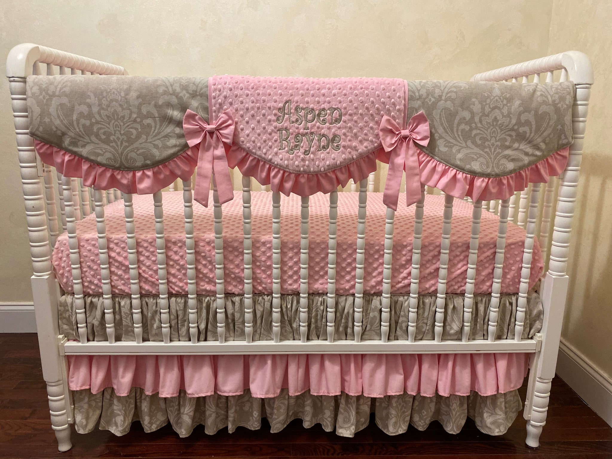 Khaki Linen Damask with Pink Girl Baby Bedding, Girl Crib Bedding, Crib Rail Cover with Ruffled Skirt