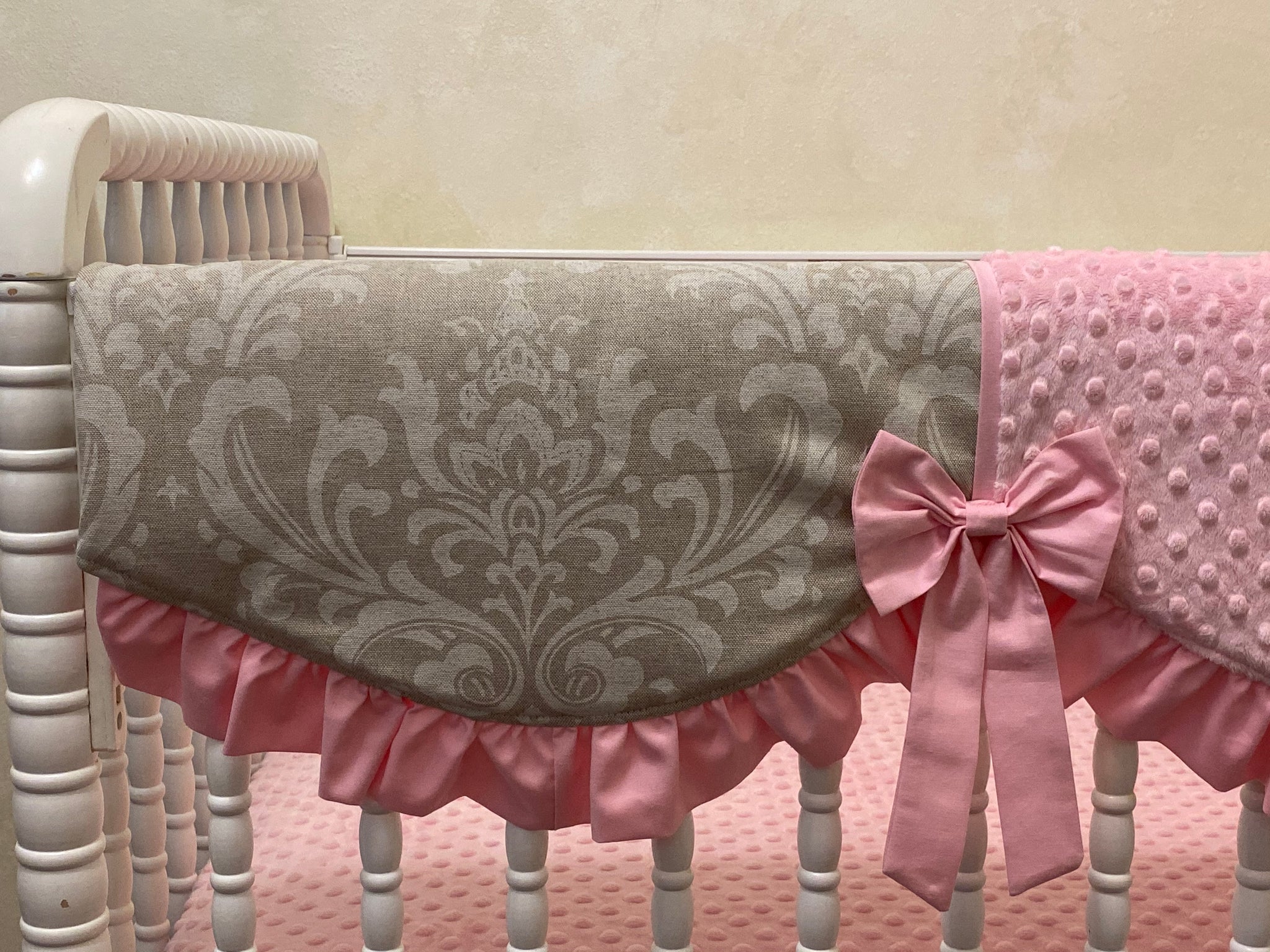 Khaki Linen Damask with Pink Girl Baby Bedding, Girl Crib Bedding, Crib Rail Cover with Ruffled Skirt