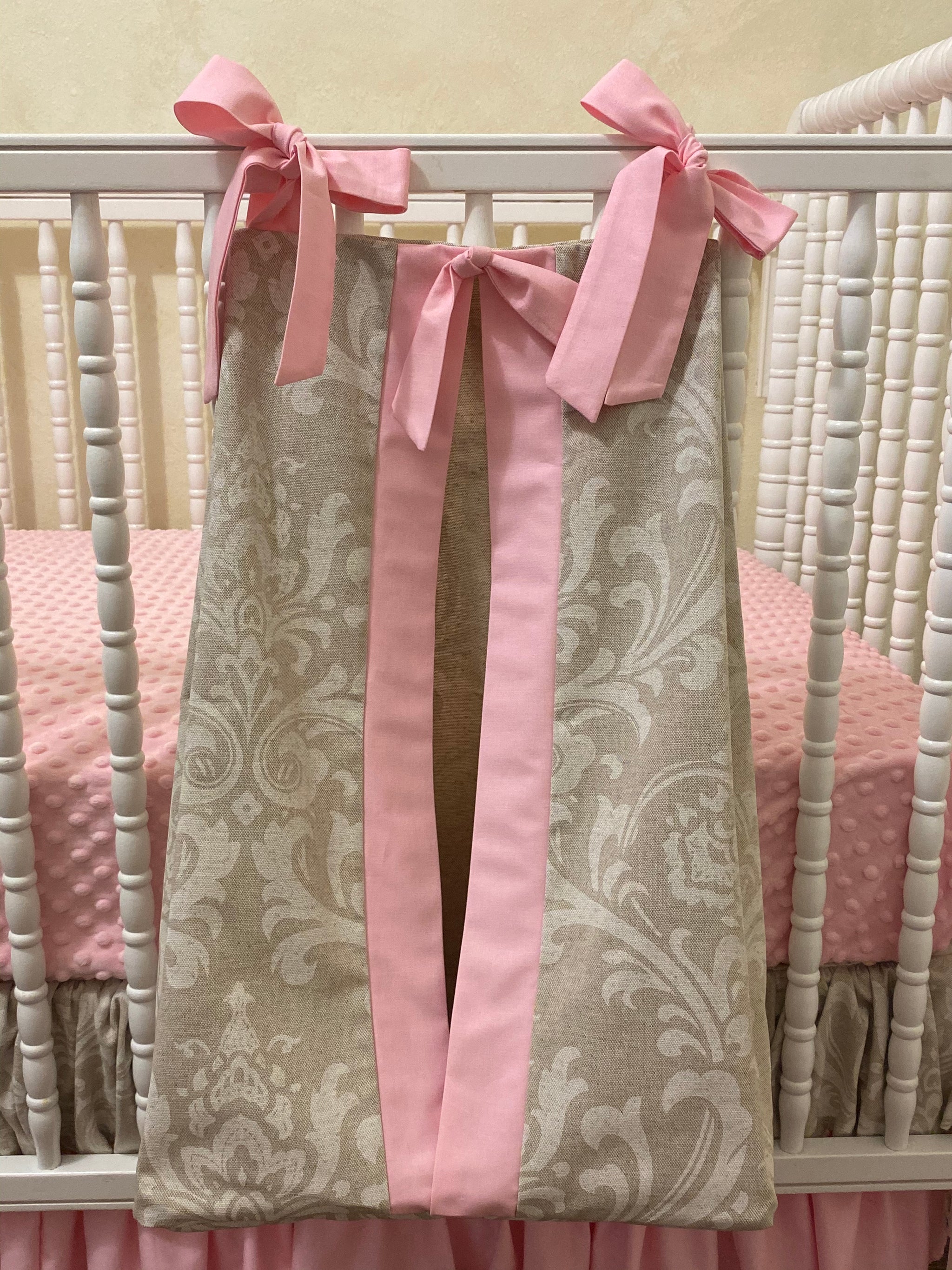 Khaki Linen Damask with Pink Girl Baby Bedding, Girl Crib Bedding, Crib Rail Cover with Ruffled Skirt