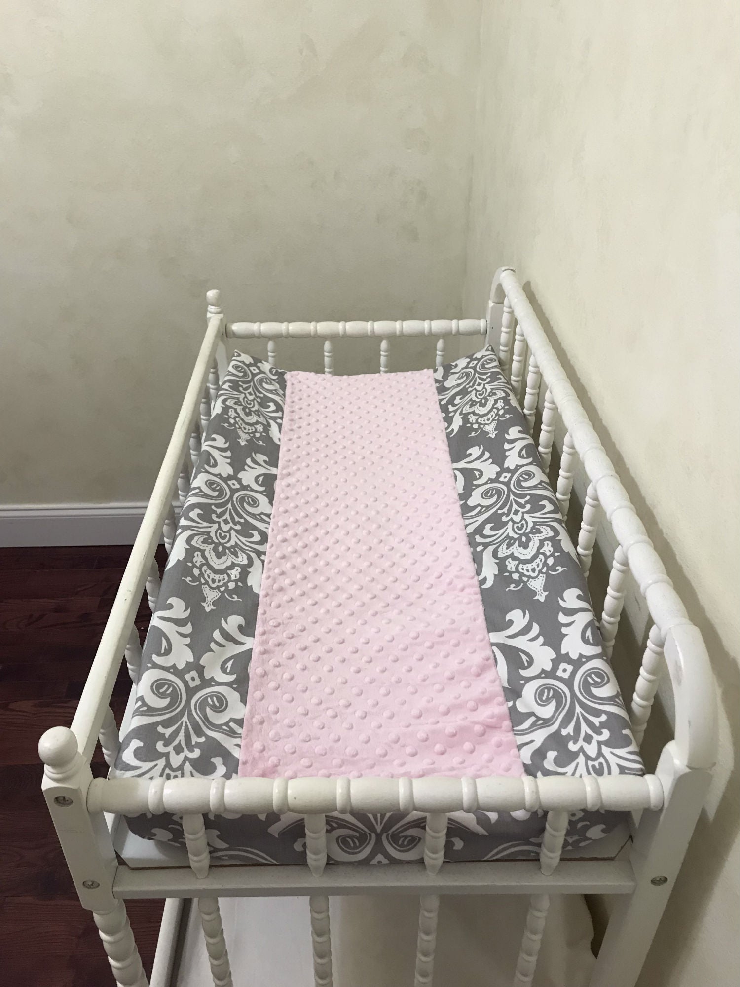 Changing Pad Cover - Gray Damask with Light Pink Minky