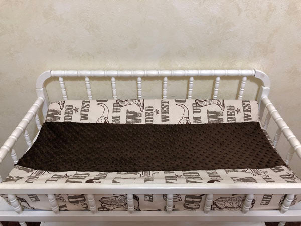Changing Pad Cover - Cowboy Print with Brown Minky Dot