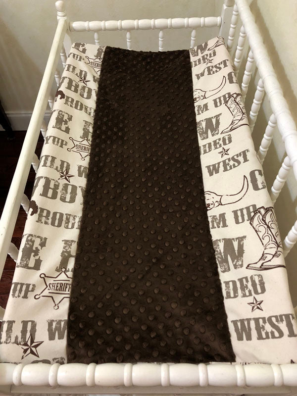 Changing Pad Cover - Cowboy Print with Brown Minky Dot