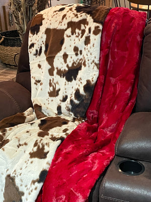 Minky Adult Blanket, Brown and Cream Pony Hide and Red Luxe Minky, Teen Blanket, Dorm Blanket