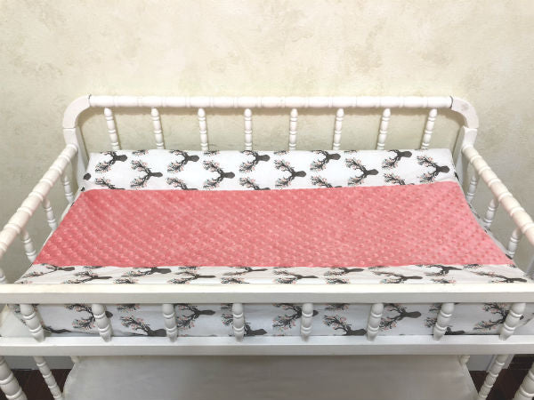 Changing Pad Cover - Floral Deer with Coral or Aqua Minky