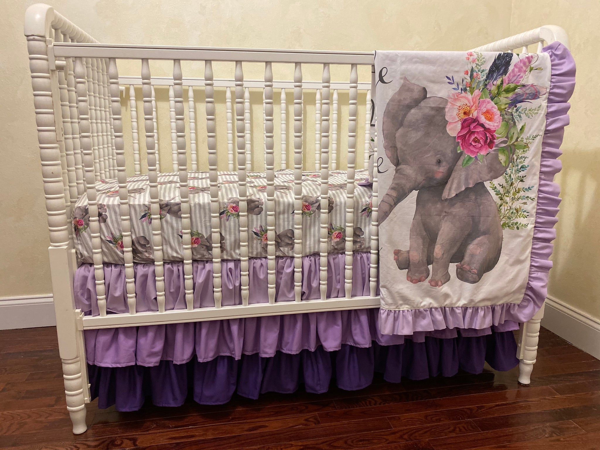 Boho Floral Elephant Girl Crib Bedding- Lavender and Gray Elephant Baby Girl Bedding