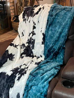 Minky Adult Blanket, Black and White Cow and Teal Luxe Minky, Teen Blanket, Dorm Blanket
