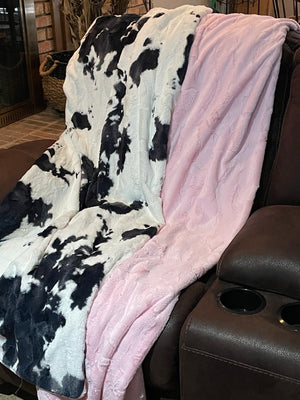 Minky Adult Blanket, Black and White Cow and Light Pink Luxe Minky, Teen Blanket, Dorm Blanket