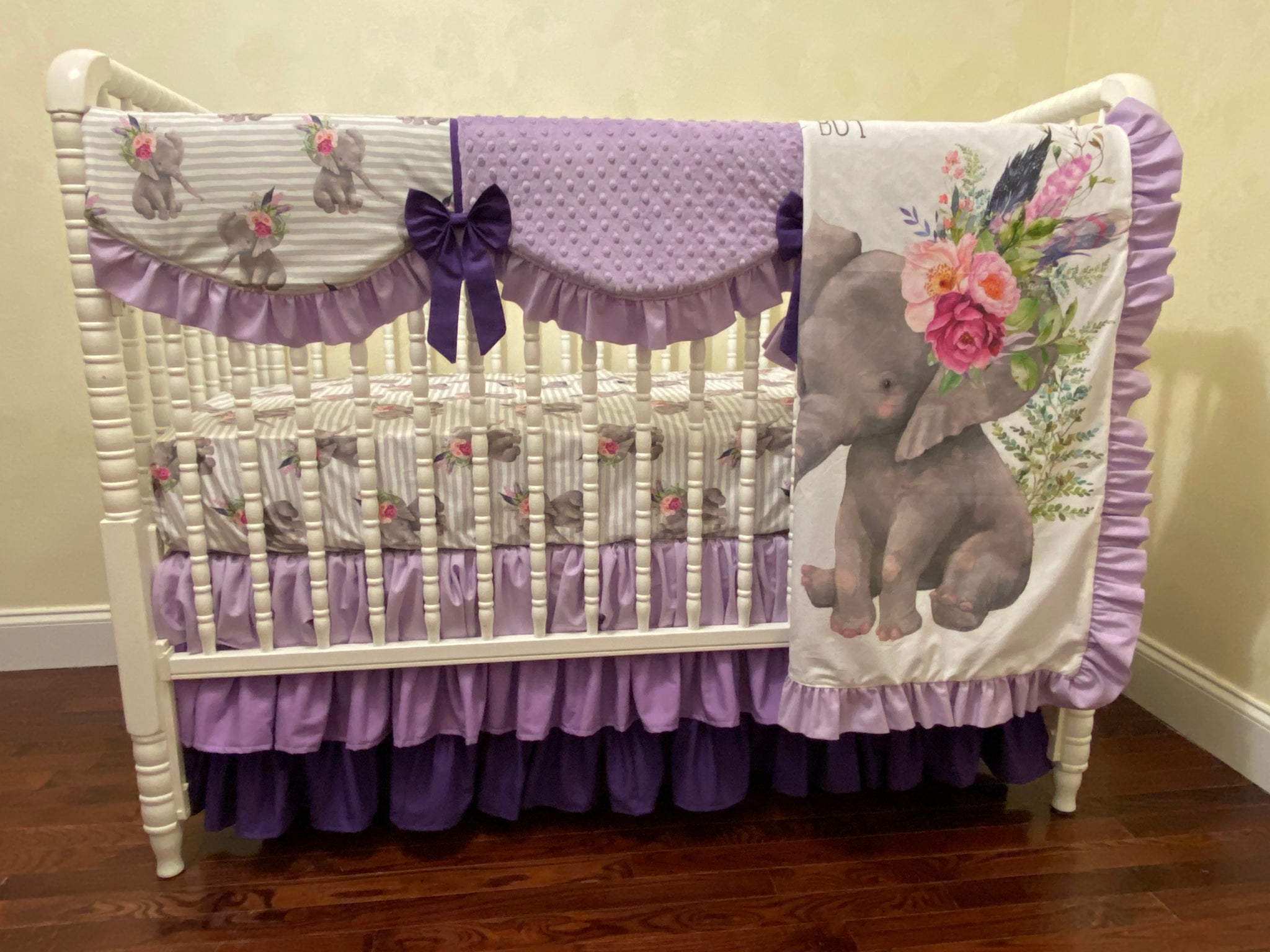 Boho Floral Elephant Girl Crib Bedding- Lavender and Gray Elephant Baby Girl Bedding