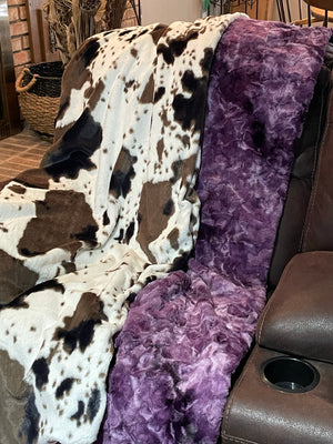 Minky Adult Blanket, White and Cream Pony Hide and Purple Luxe Minky, Teen Blanket, Dorm Blanket