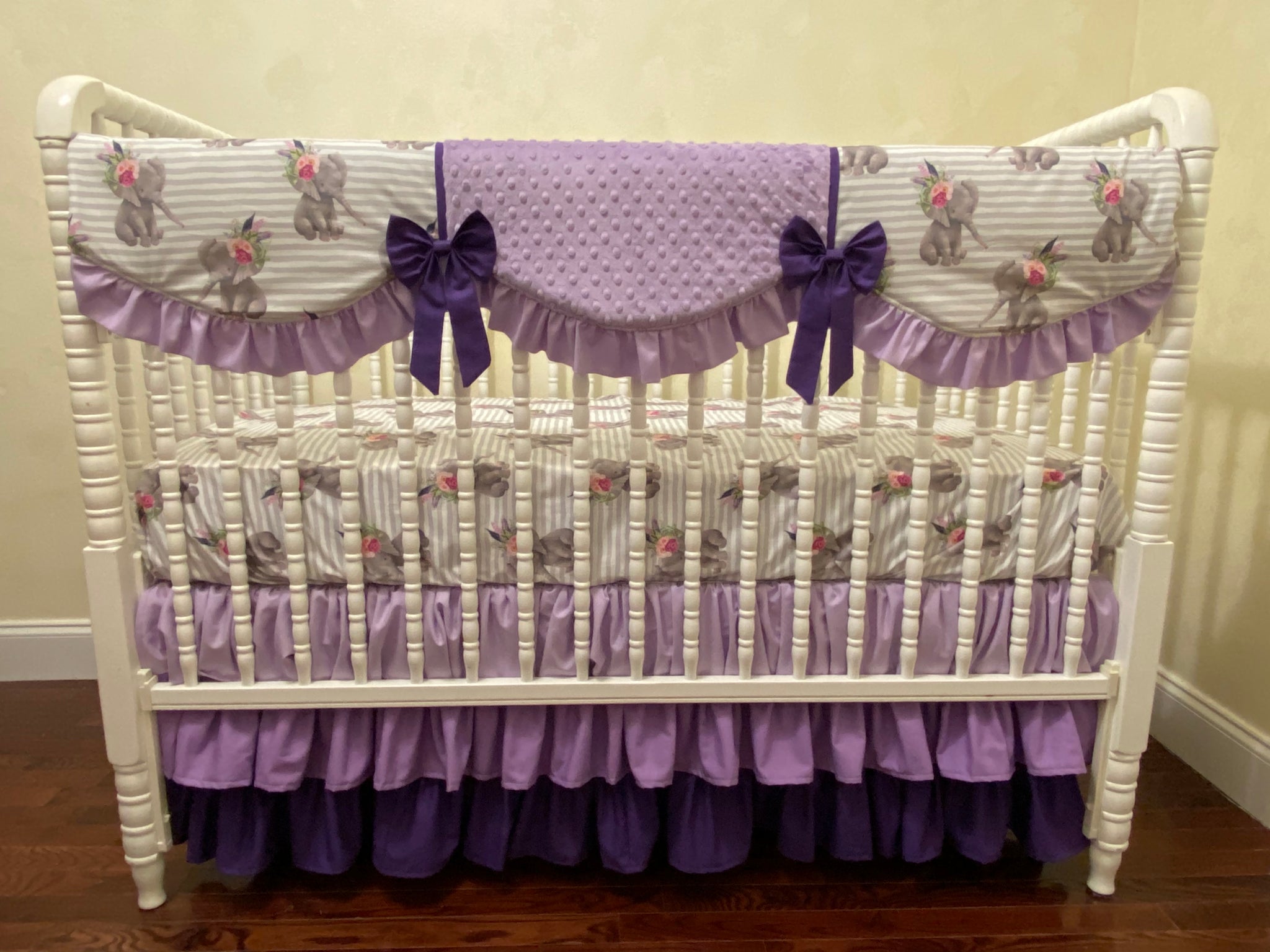 Boho Floral Elephant Girl Crib Bedding- Lavender and Gray Elephant Baby Girl Bedding