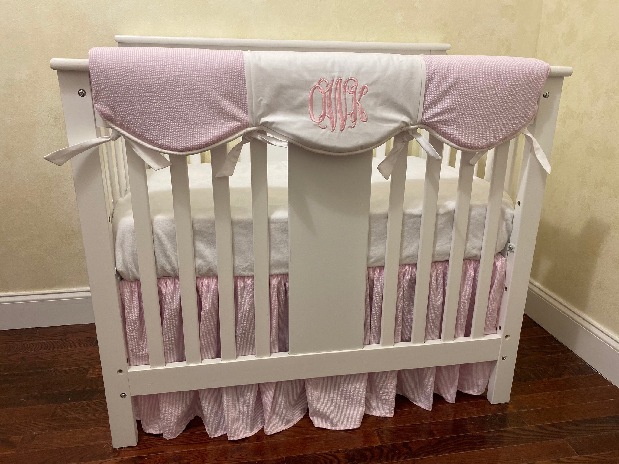 Pink Seersucker Mini Crib Bedding - Girl Mini Crib Baby Bedding