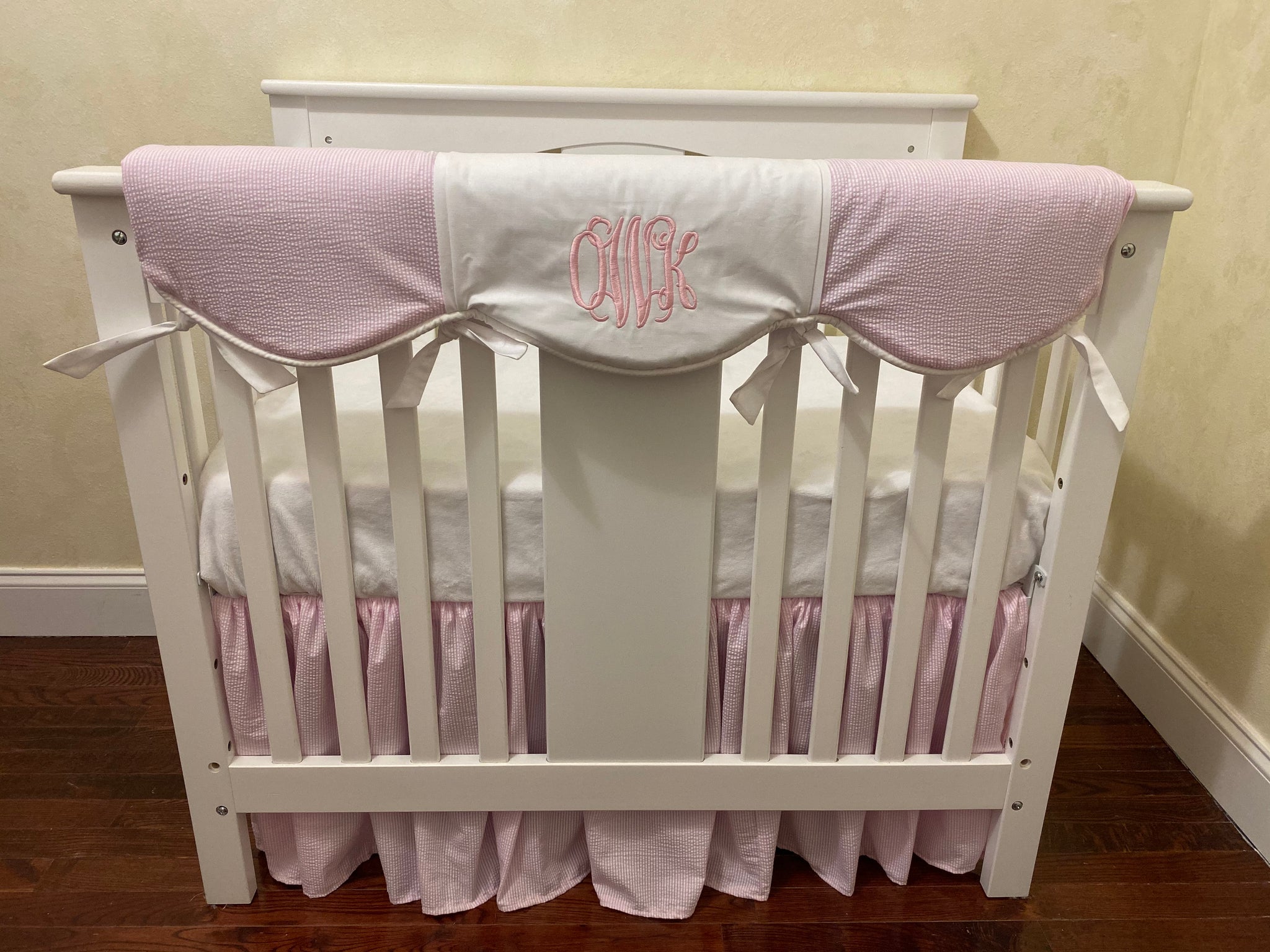 Pink Seersucker Mini Crib Bedding - Girl Mini Crib Baby Bedding