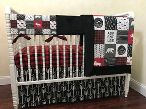 Moose and Bears Woodland Crib Bedding Set - Boy Baby Bedding, Red and Black Plaid, Black Arrows