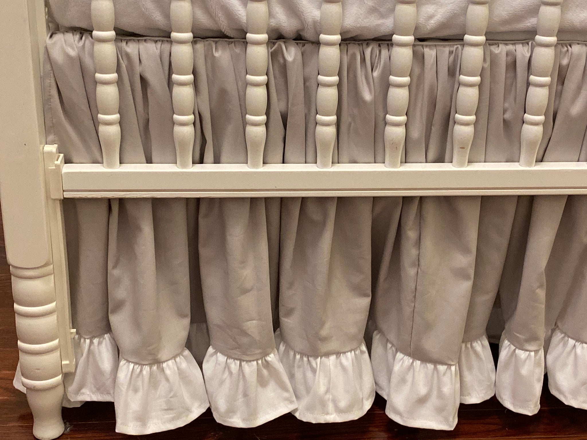 Gray and White Girl Baby Bedding - Girl Crib Bedding, Crib Rail Cover, Ruffled Crib Skirt