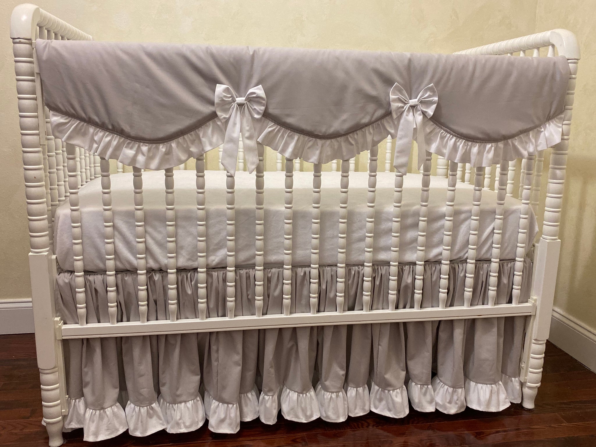 Gray and White Girl Baby Bedding - Girl Crib Bedding, Crib Rail Cover, Ruffled Crib Skirt