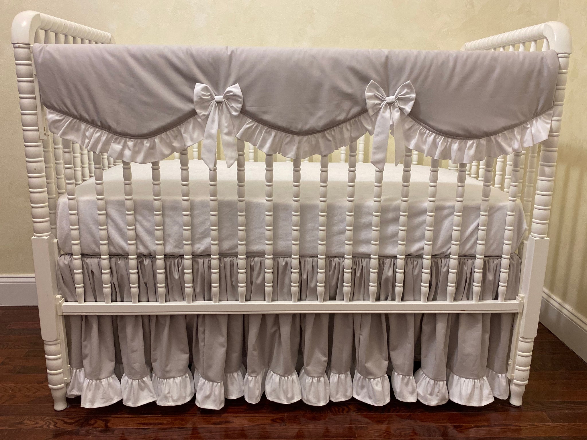 Gray and White Girl Baby Bedding - Girl Crib Bedding, Crib Rail Cover, Ruffled Crib Skirt