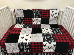 Black Buck and Black Arrows with Red and Black Plaid Woodland Nursery Patchwork Baby Blanket