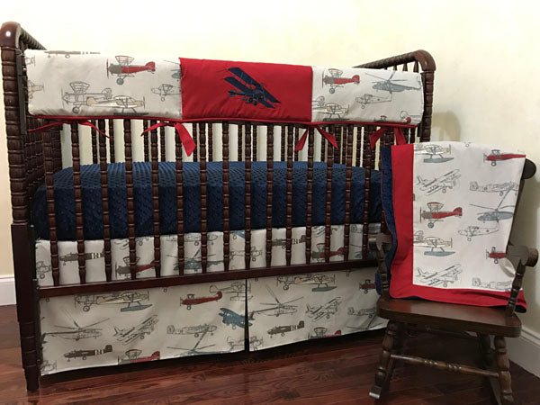 Airplane Crib Bedding - Boy Baby Bedding, Airplane Baby Bedding in Gray, Crimson, and Navy