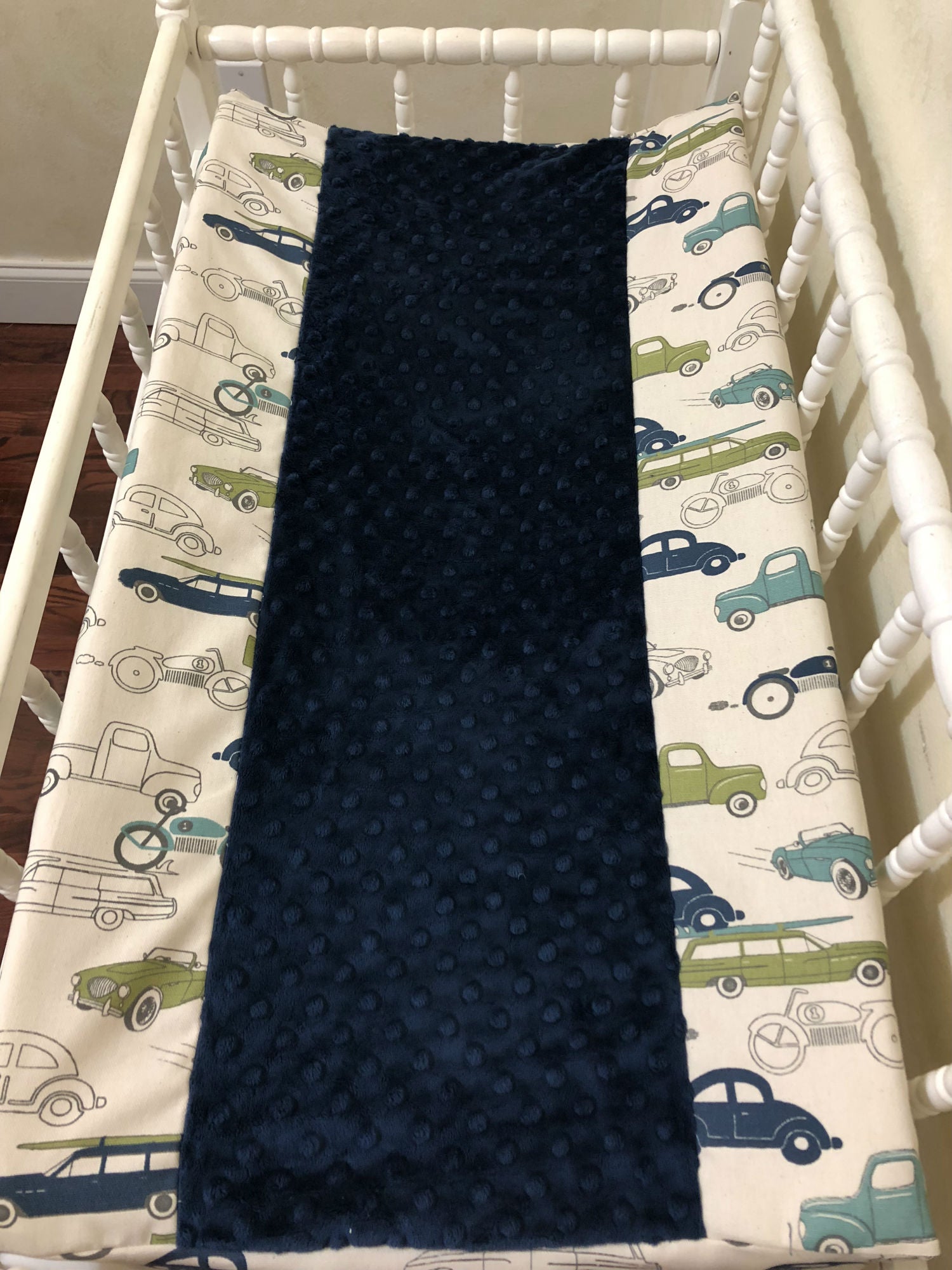 Changing Pad Cover - Vintage Cars and Trucks with Navy Minky Dot