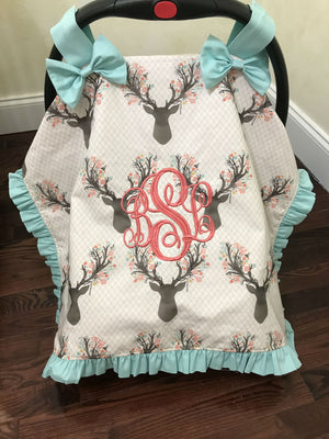 Car Seat Cover - Floral Stag with Aqua and Coral