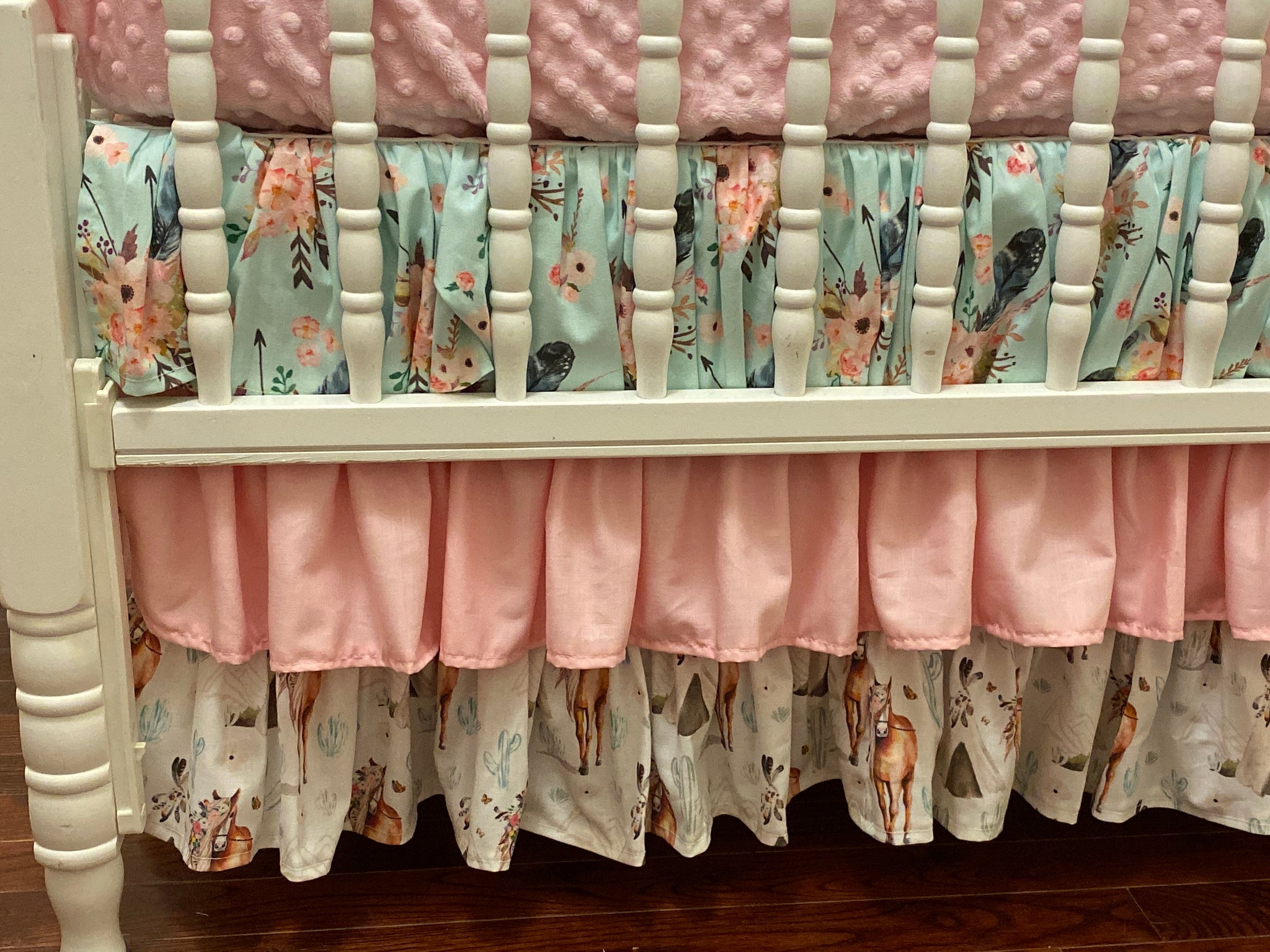 Boho Floral Horse Baby Bedding, Girl Horse Crib Bedding in Light Pink and Taupe