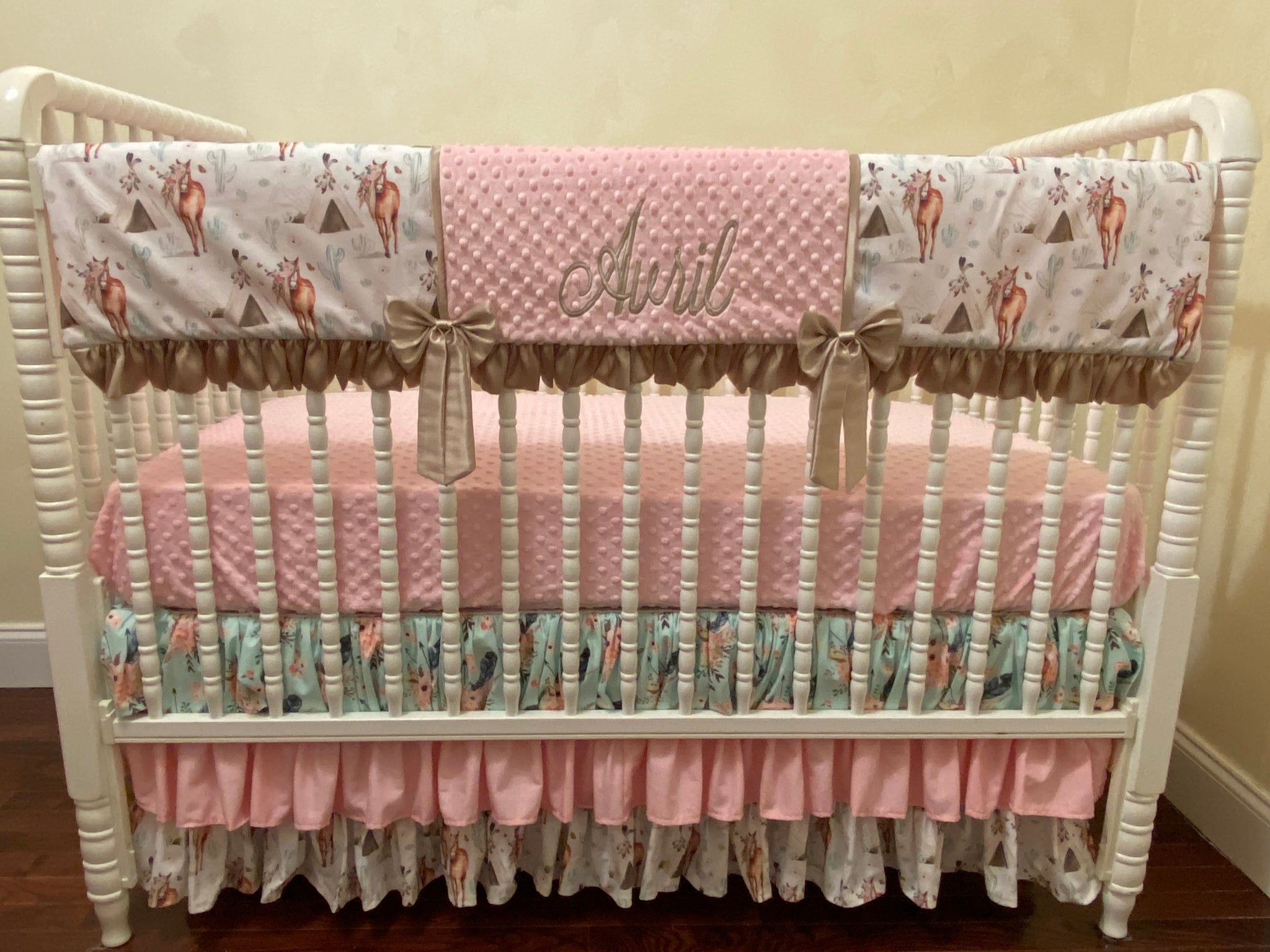 Boho Floral Horse Baby Bedding, Girl Horse Crib Bedding in Light Pink and Taupe