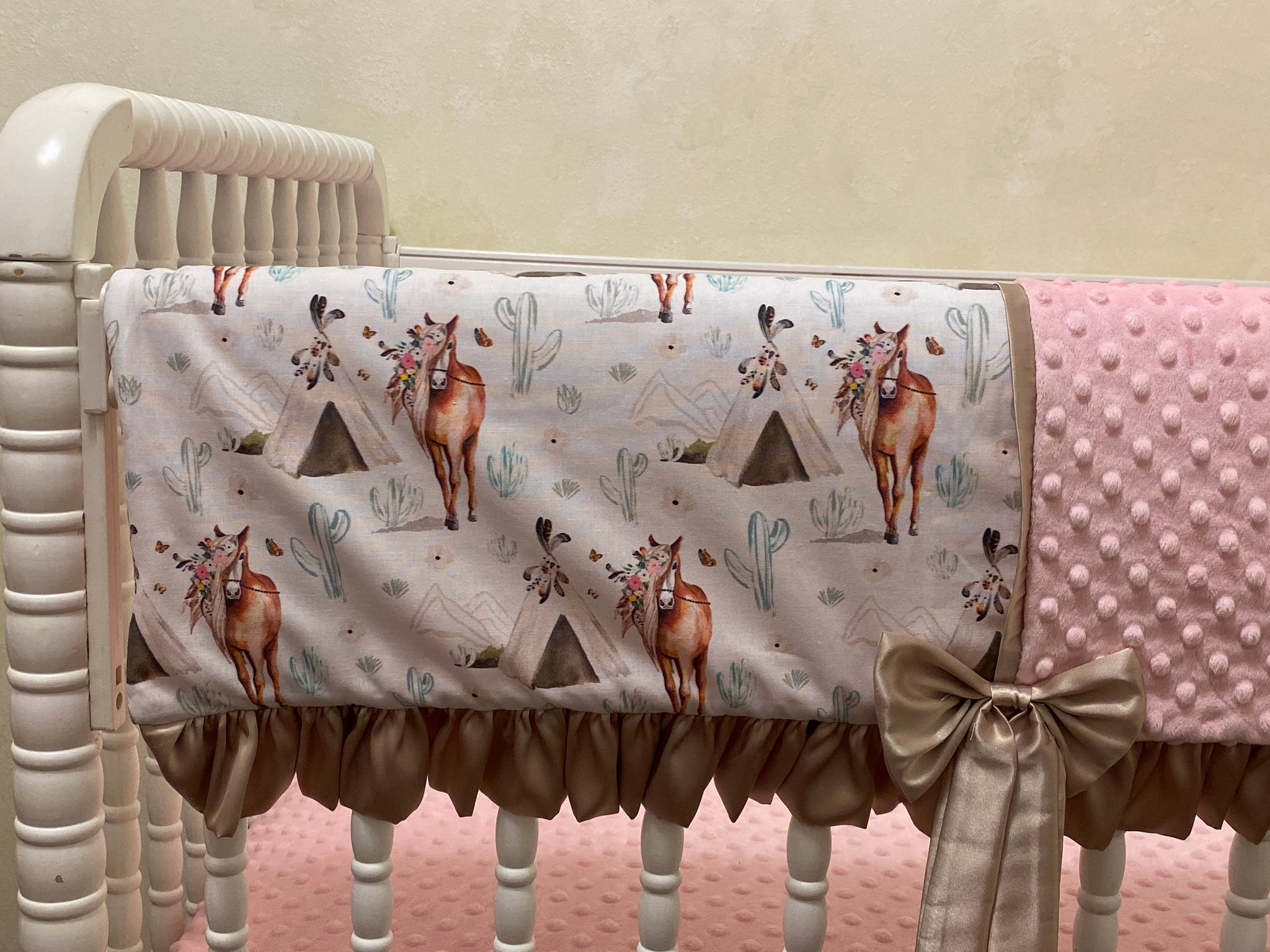 Boho Floral Horse Baby Bedding, Girl Horse Crib Bedding in Light Pink and Taupe