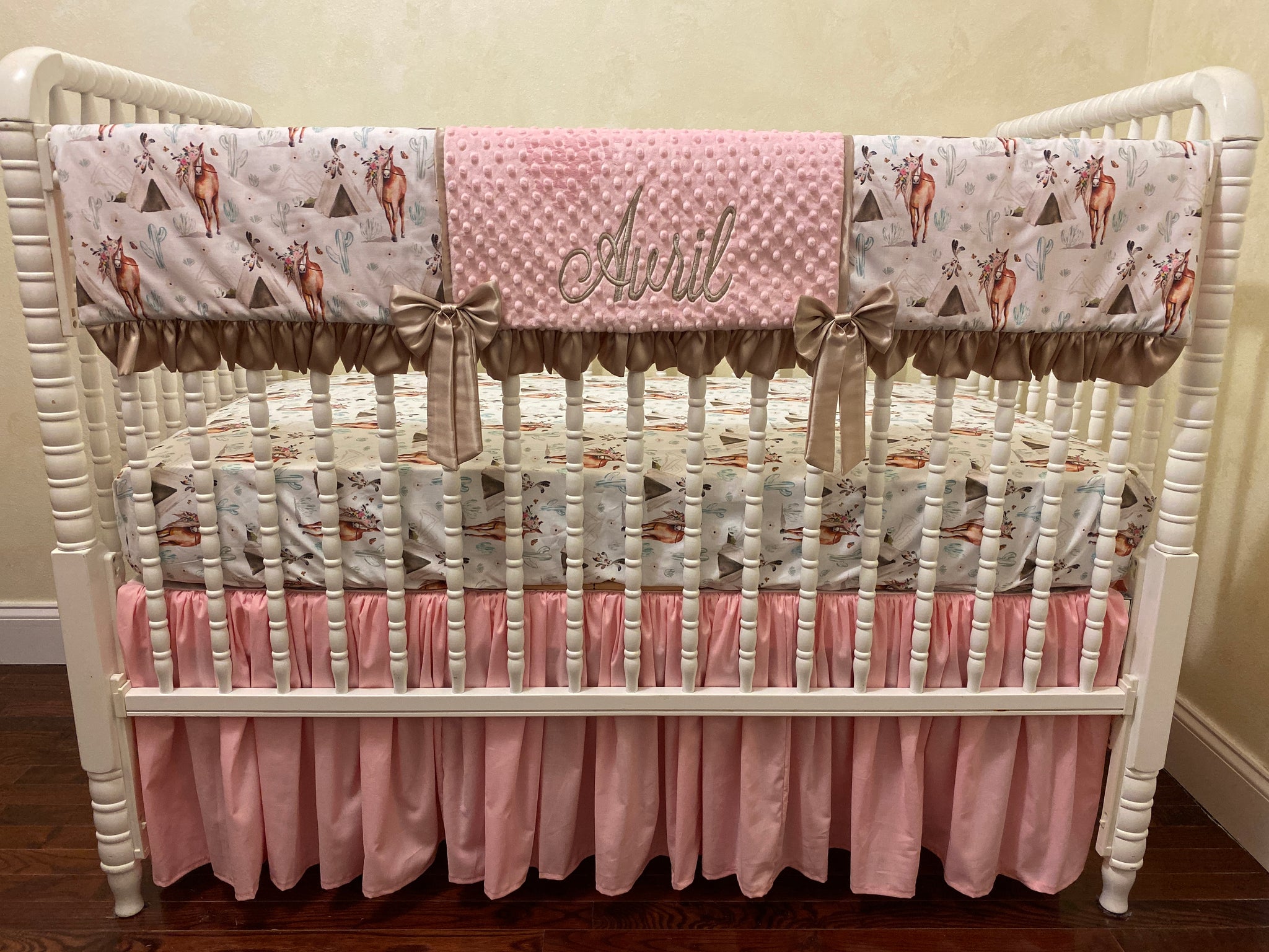 Baby Girl Boho Floral Horse Crib Bedding- Girl Horse Baby Bedding in Light Pink and Taupe