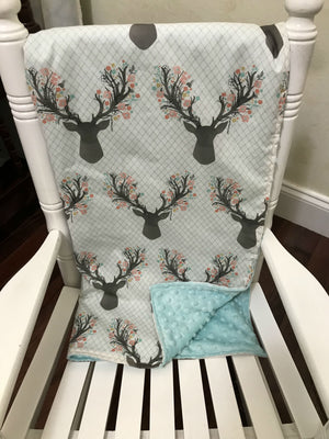 Car Seat Blanket - Floral Stag with Aqua or Coral