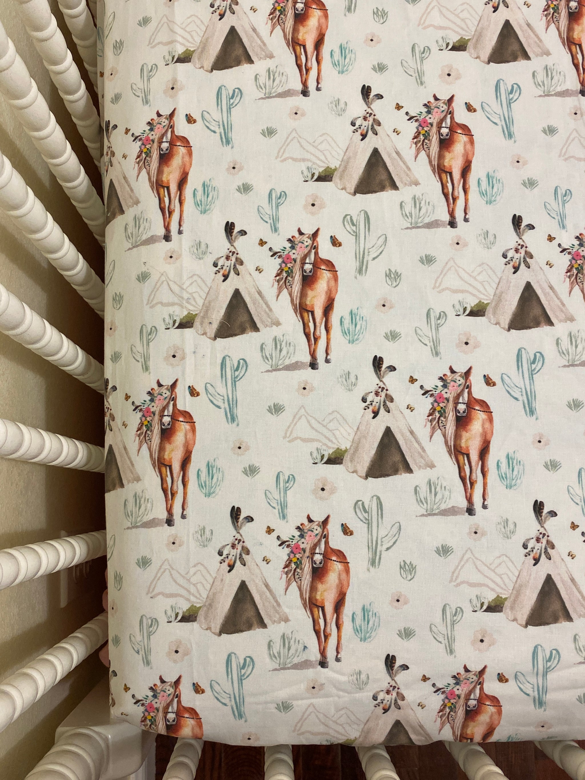 Baby Girl Boho Floral Horse Crib Bedding- Girl Horse Baby Bedding in Light Pink and Taupe