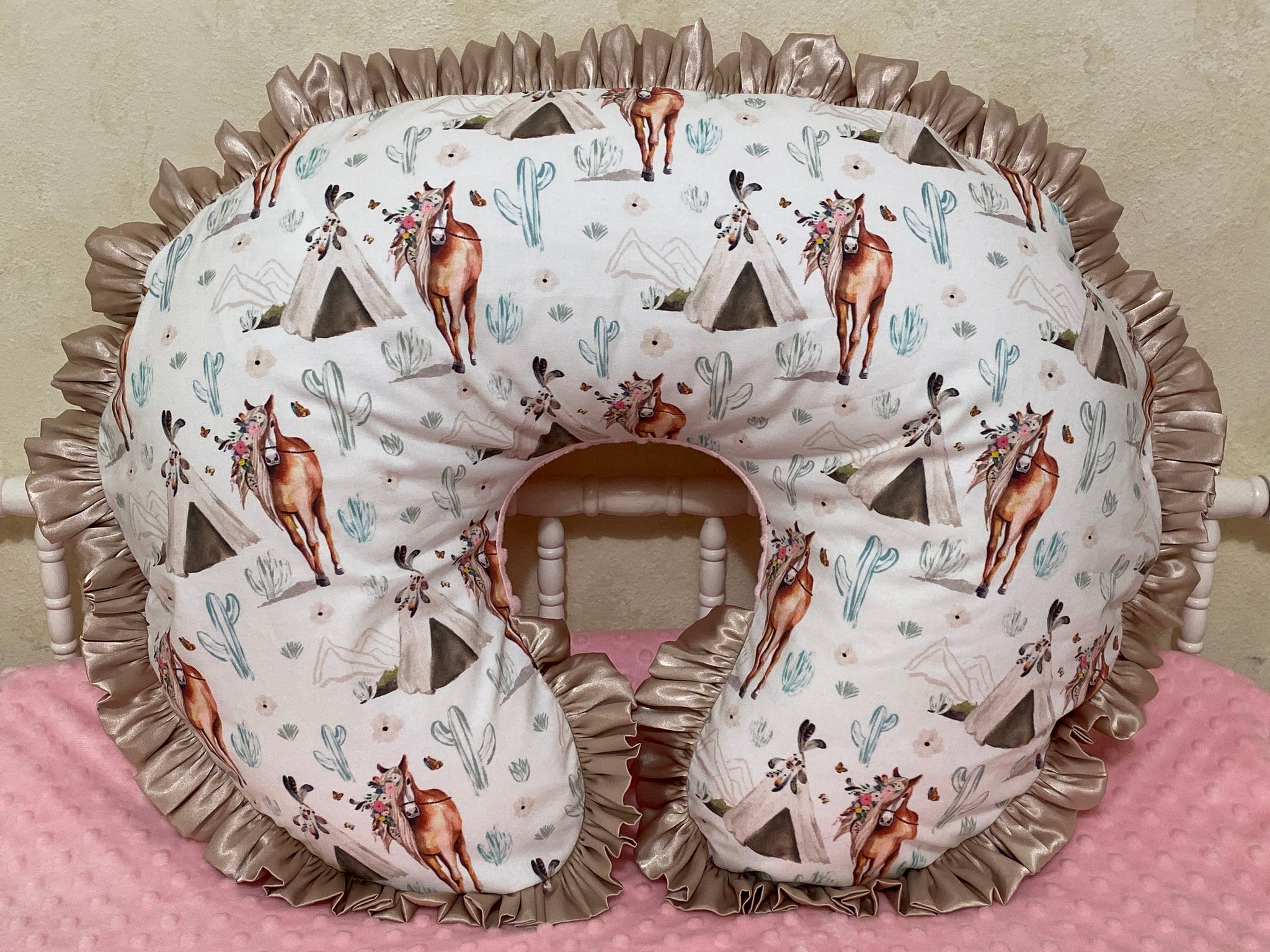 Baby Girl Boho Floral Horse Crib Bedding- Girl Horse Baby Bedding in Light Pink and Taupe