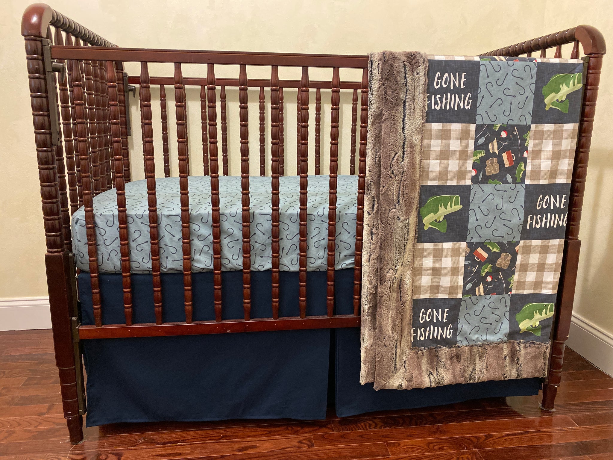 Gone Fishing Boy Crib Bedding, Baby Boy Fishing Bedding, Crib Rail Cover