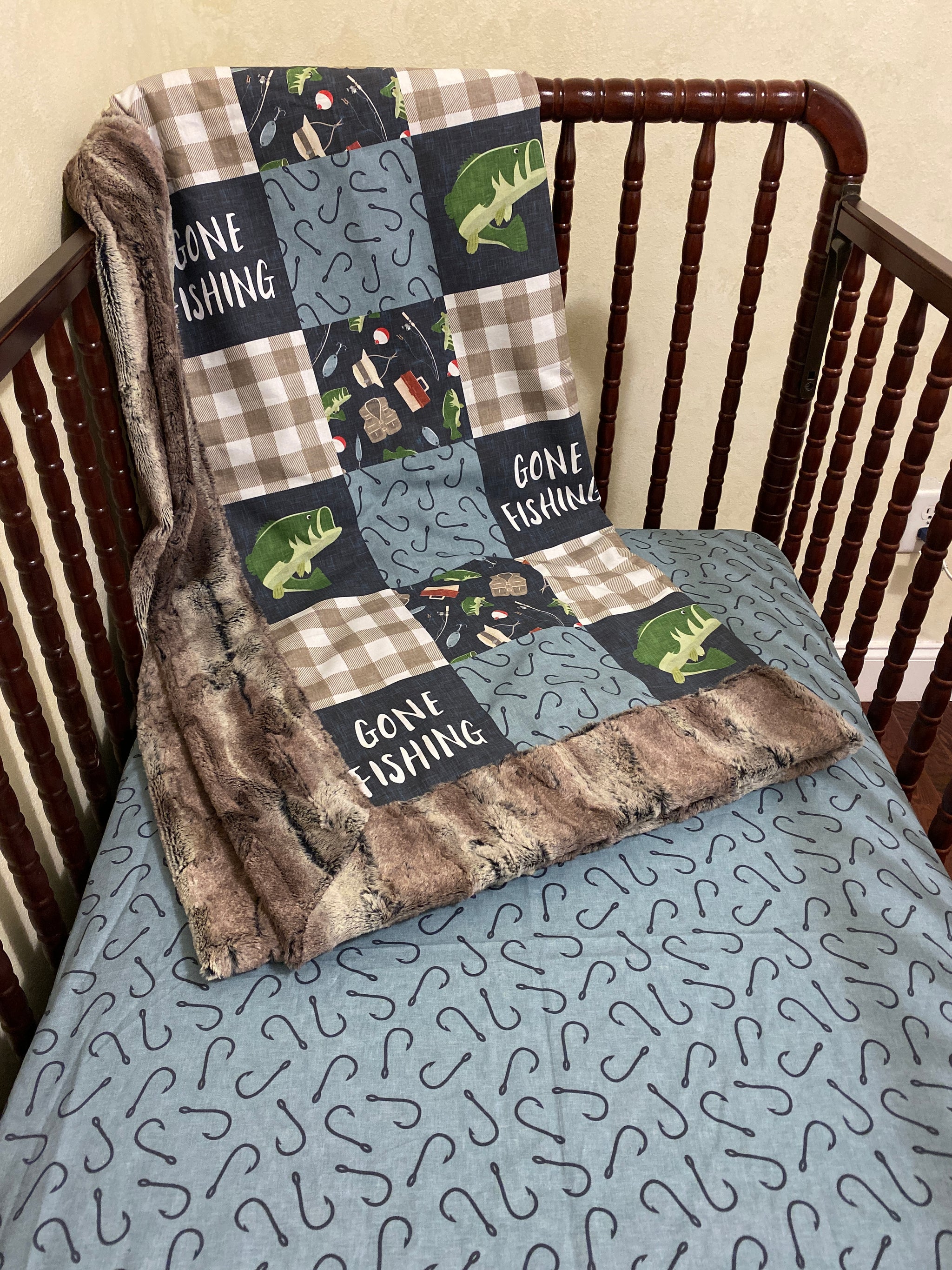 Gone Fishing Boy Crib Bedding, Baby Boy Fishing Bedding, Crib Rail Cover