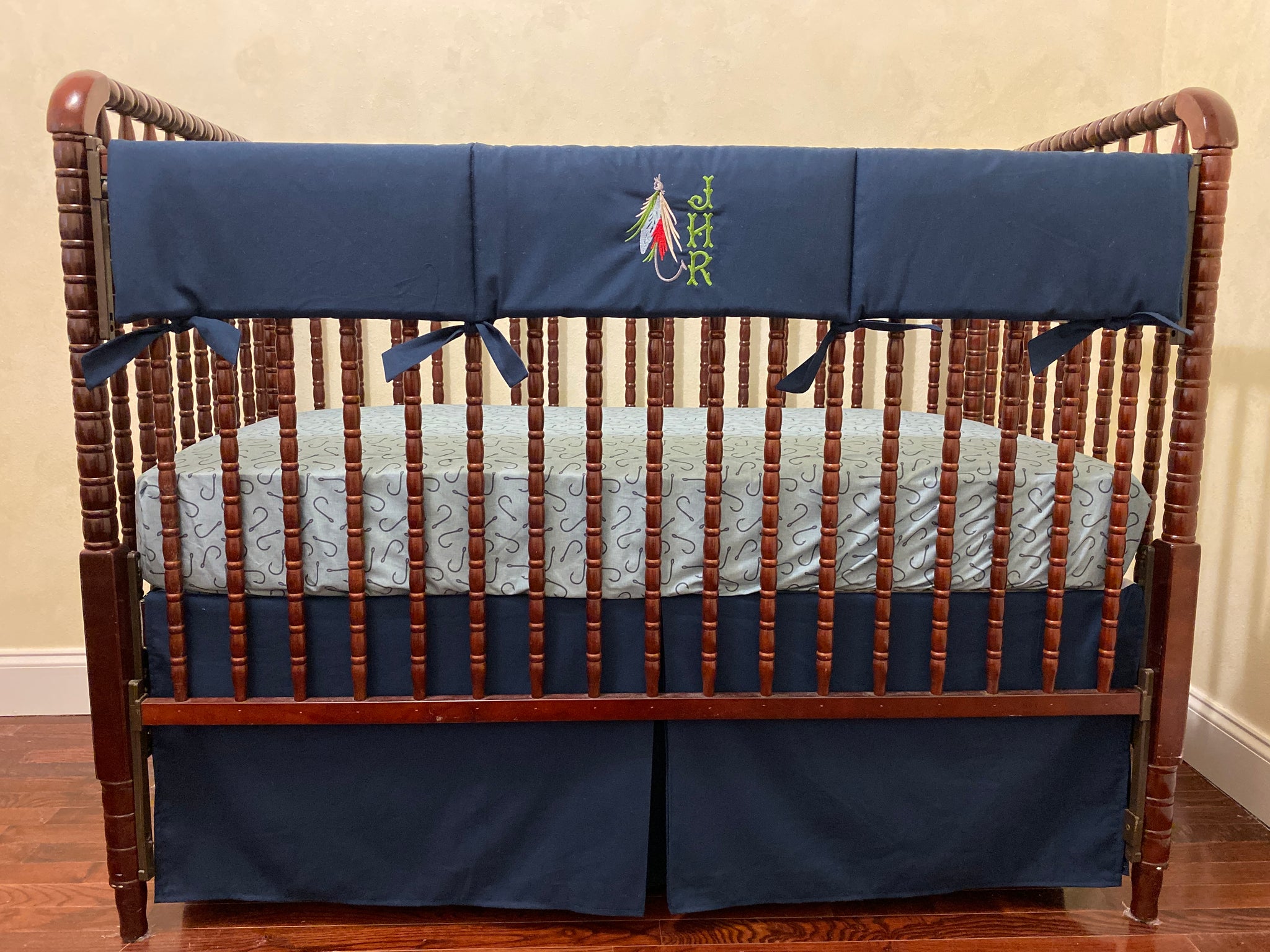 Gone Fishing Boy Crib Bedding, Baby Boy Fishing Bedding, Crib Rail Cover