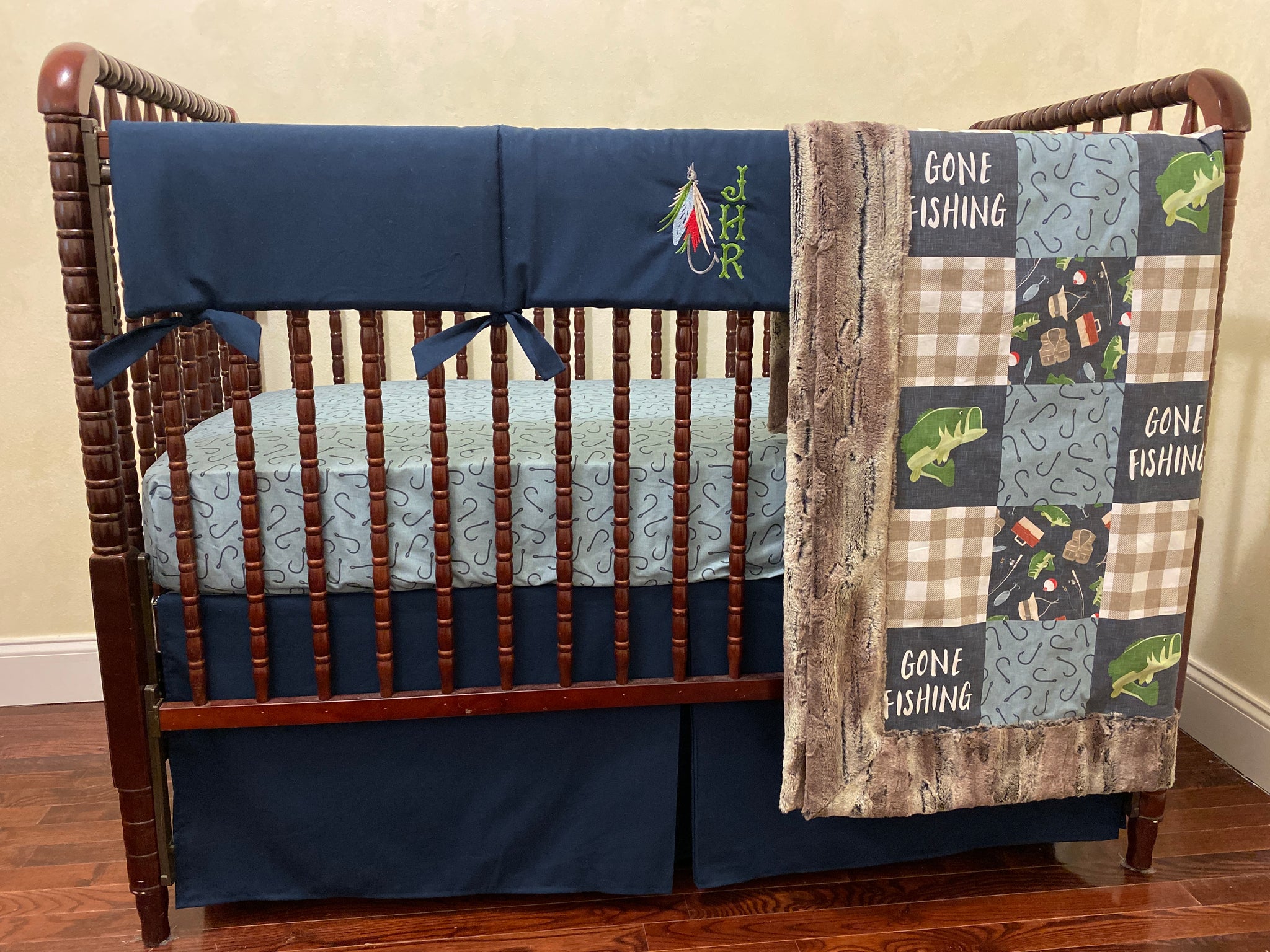 Gone Fishing Boy Crib Bedding, Baby Boy Fishing Bedding, Crib Rail Cover