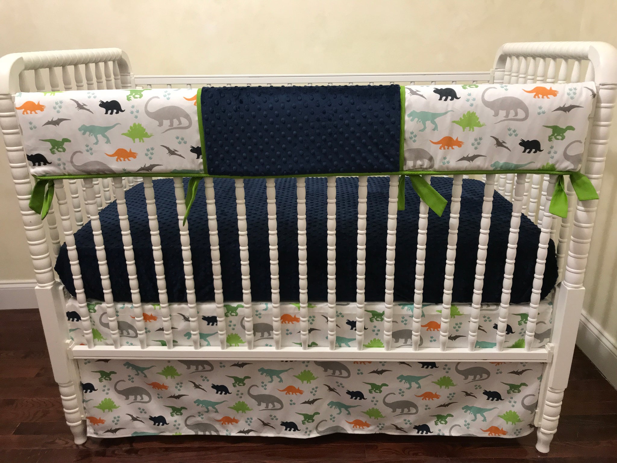 Baby Boy Dinosaur Crib Bedding with Navy Blue and Lime Green