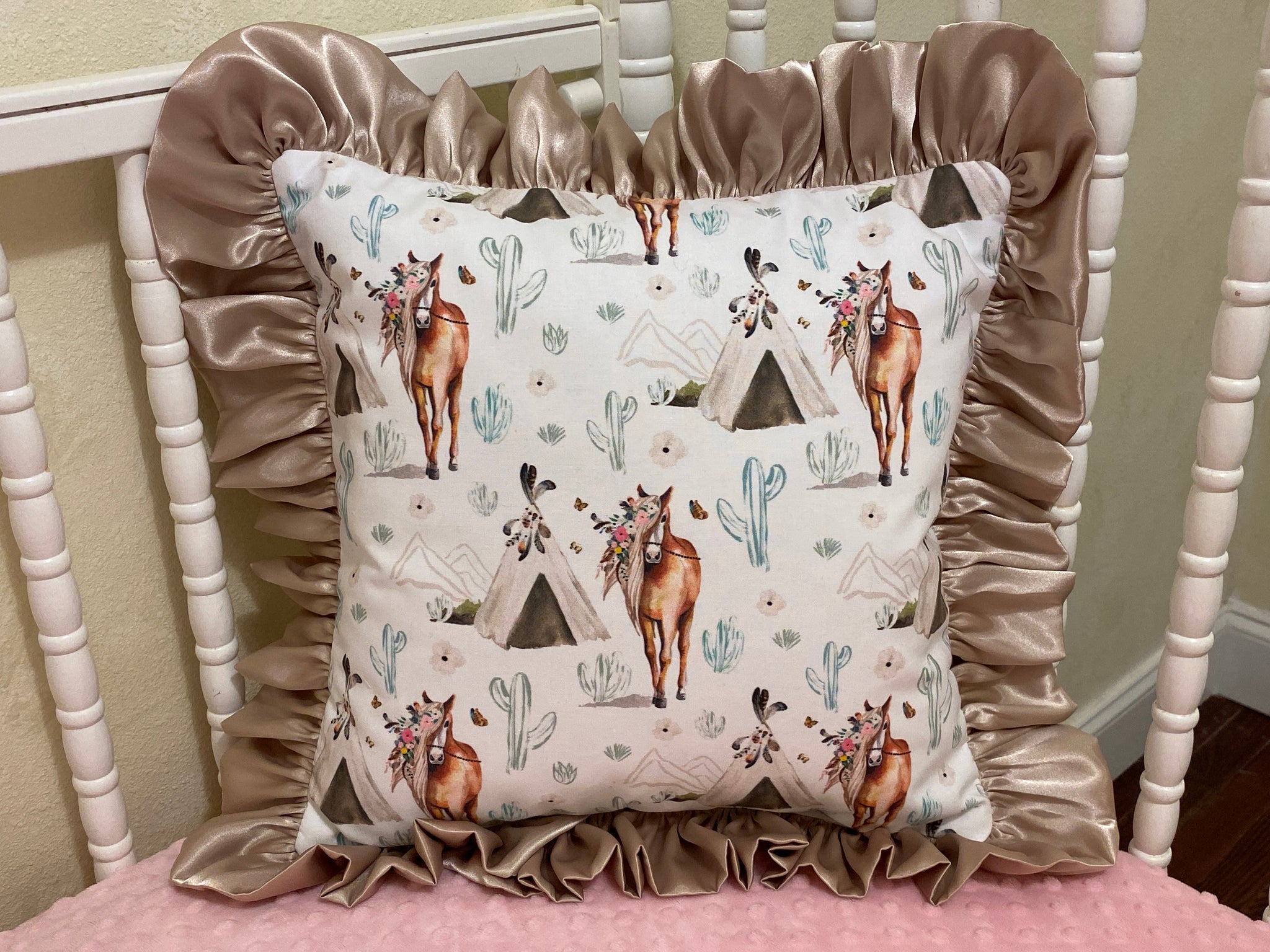 Boho Floral Horse Baby Bedding, Girl Horse Crib Bedding in Light Pink and Taupe