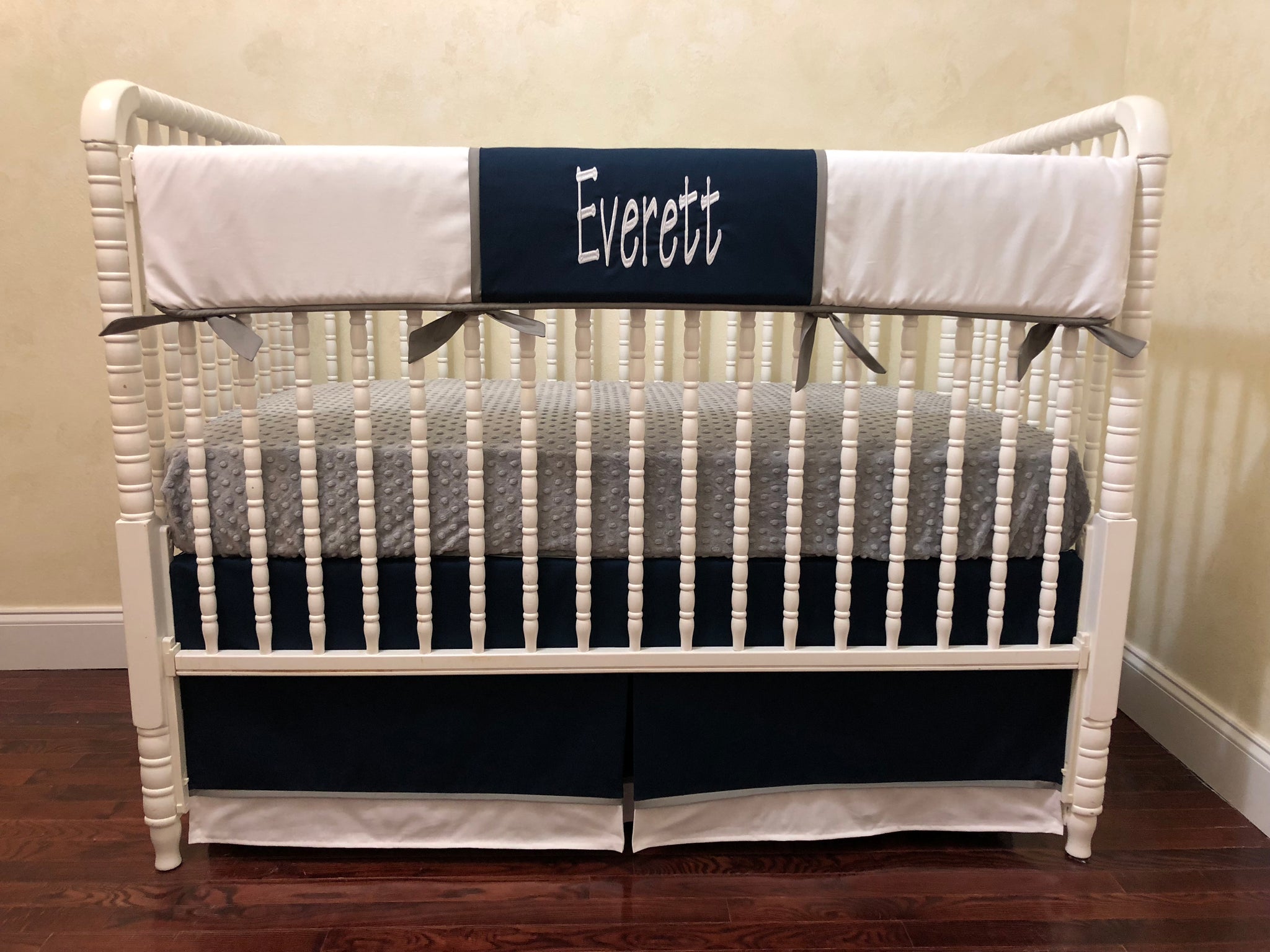 White, Navy Blue, and Gray Baby Boy Crib Bedding, Crib Rail Cover
